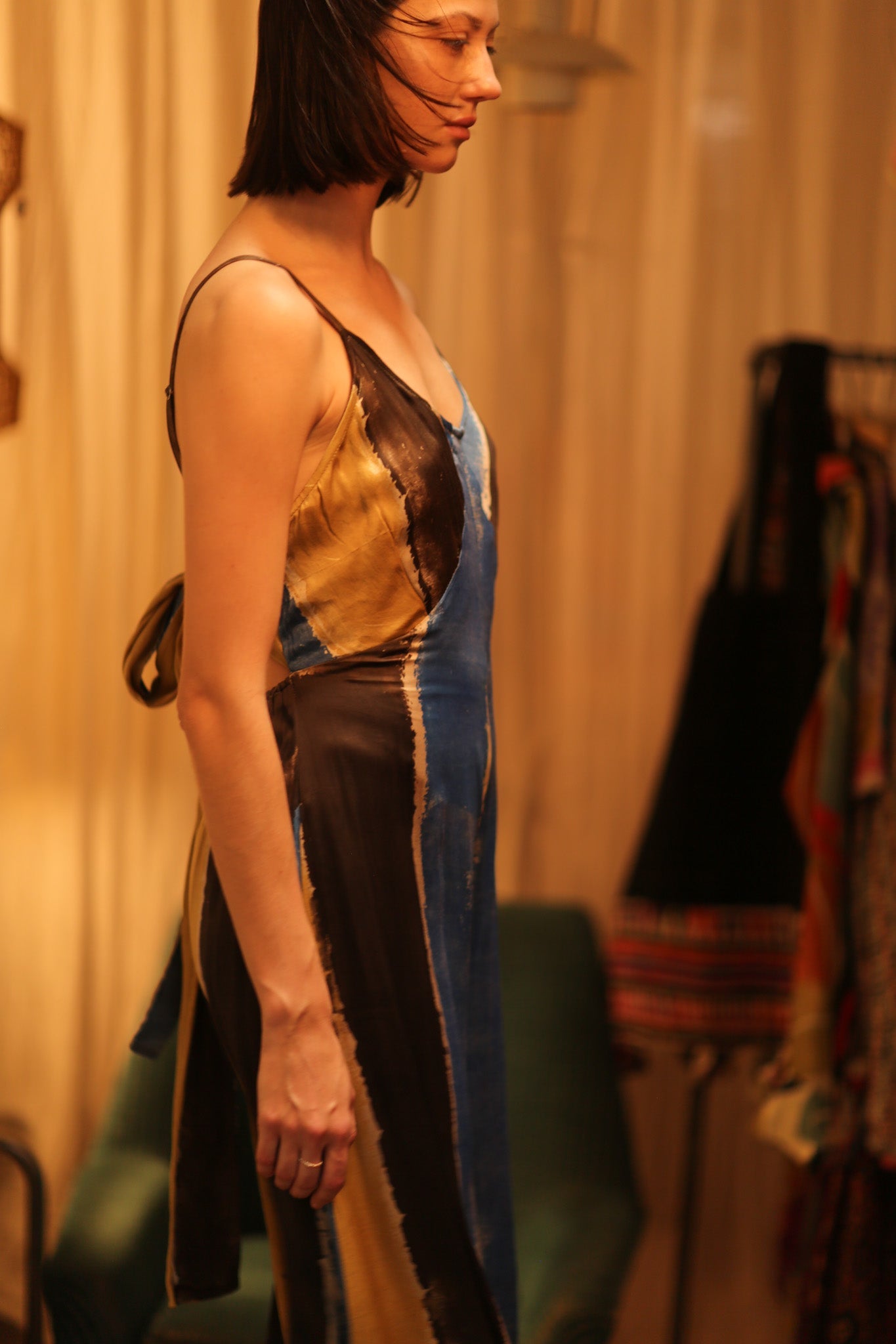 SILK JUMPSUIT NEIS BLUE BROWN STRIPE - BANGKOK TAILOR CLOTHING STORE - HANDMADE CLOTHING