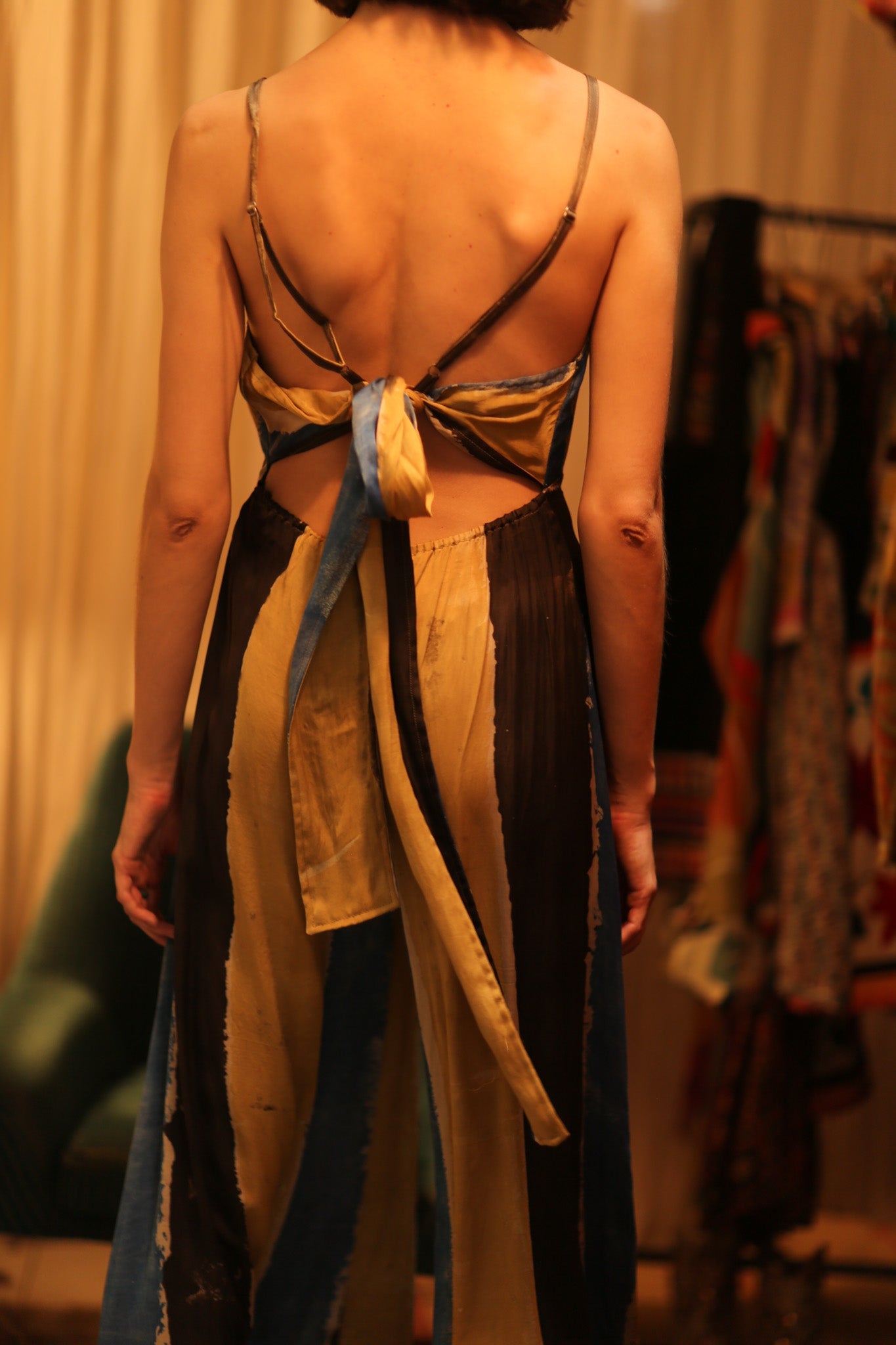 SILK JUMPSUIT NEIS BLUE BROWN STRIPE - BANGKOK TAILOR CLOTHING STORE - HANDMADE CLOTHING