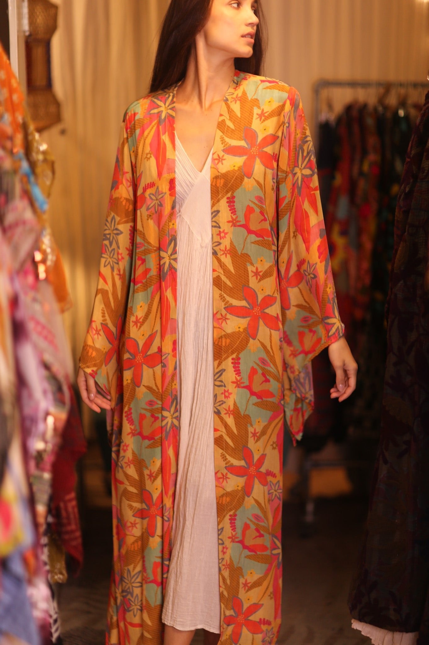 SILK KIMONO PINA ORANGE LEAF - BANGKOK TAILOR CLOTHING STORE - HANDMADE CLOTHING