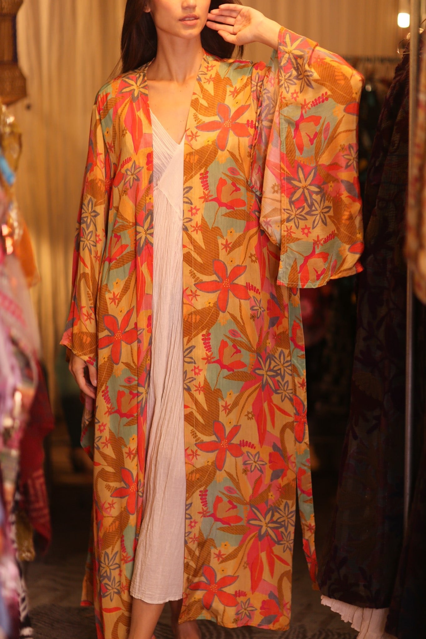 SILK KIMONO PINA ORANGE LEAF - BANGKOK TAILOR CLOTHING STORE - HANDMADE CLOTHING