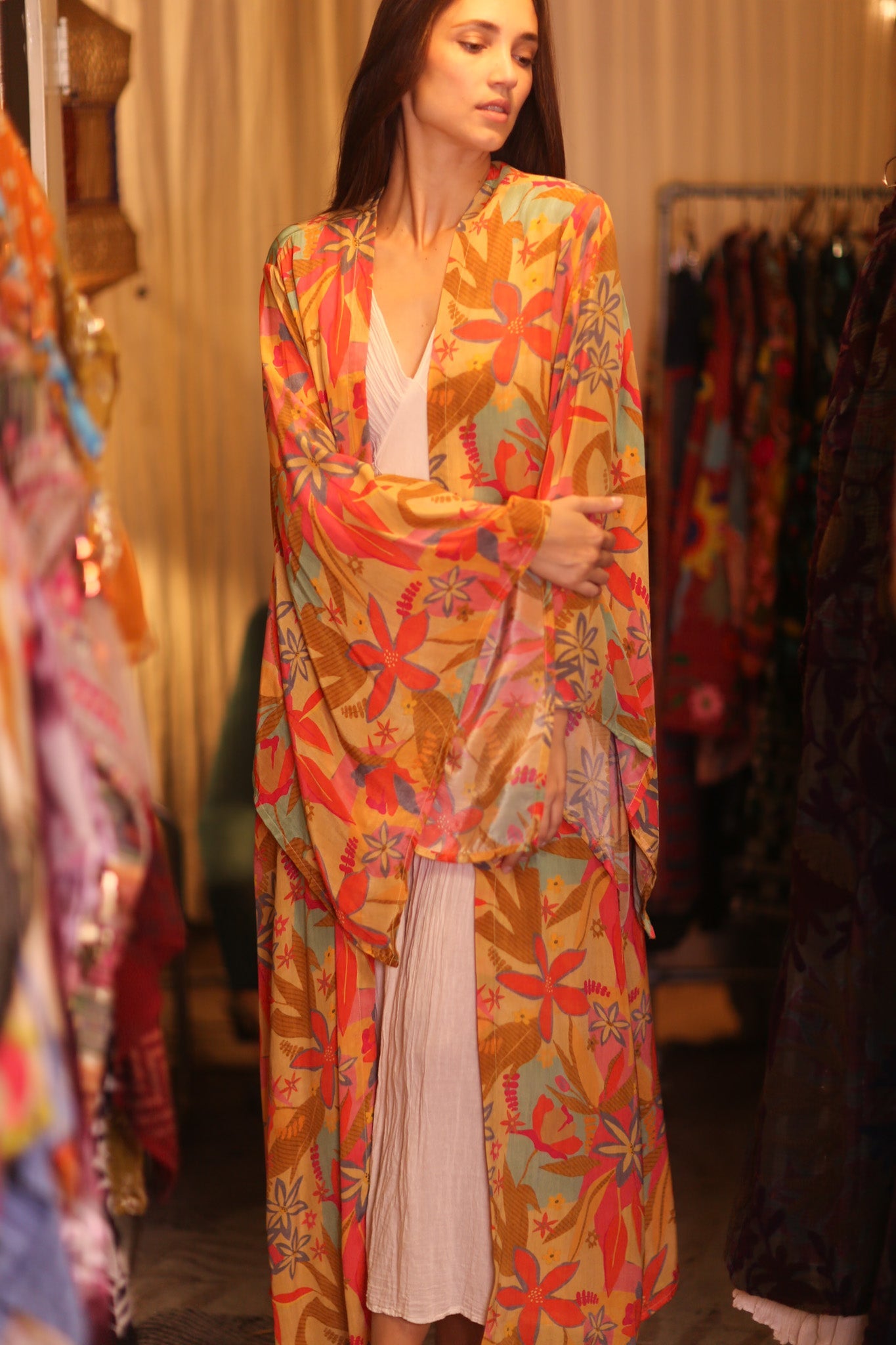 SILK KIMONO PINA ORANGE LEAF - BANGKOK TAILOR CLOTHING STORE - HANDMADE CLOTHING