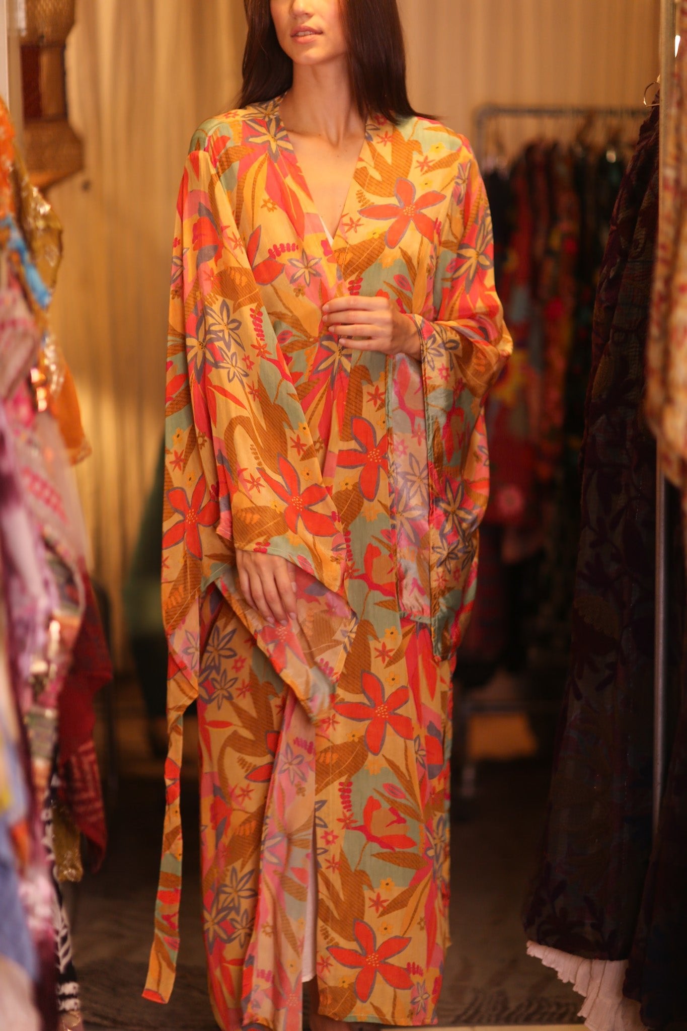 SILK KIMONO PINA ORANGE LEAF - BANGKOK TAILOR CLOTHING STORE - HANDMADE CLOTHING