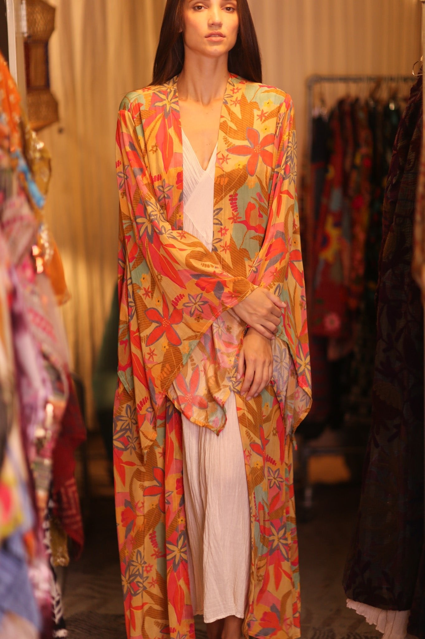 SILK KIMONO PINA ORANGE LEAF - BANGKOK TAILOR CLOTHING STORE - HANDMADE CLOTHING