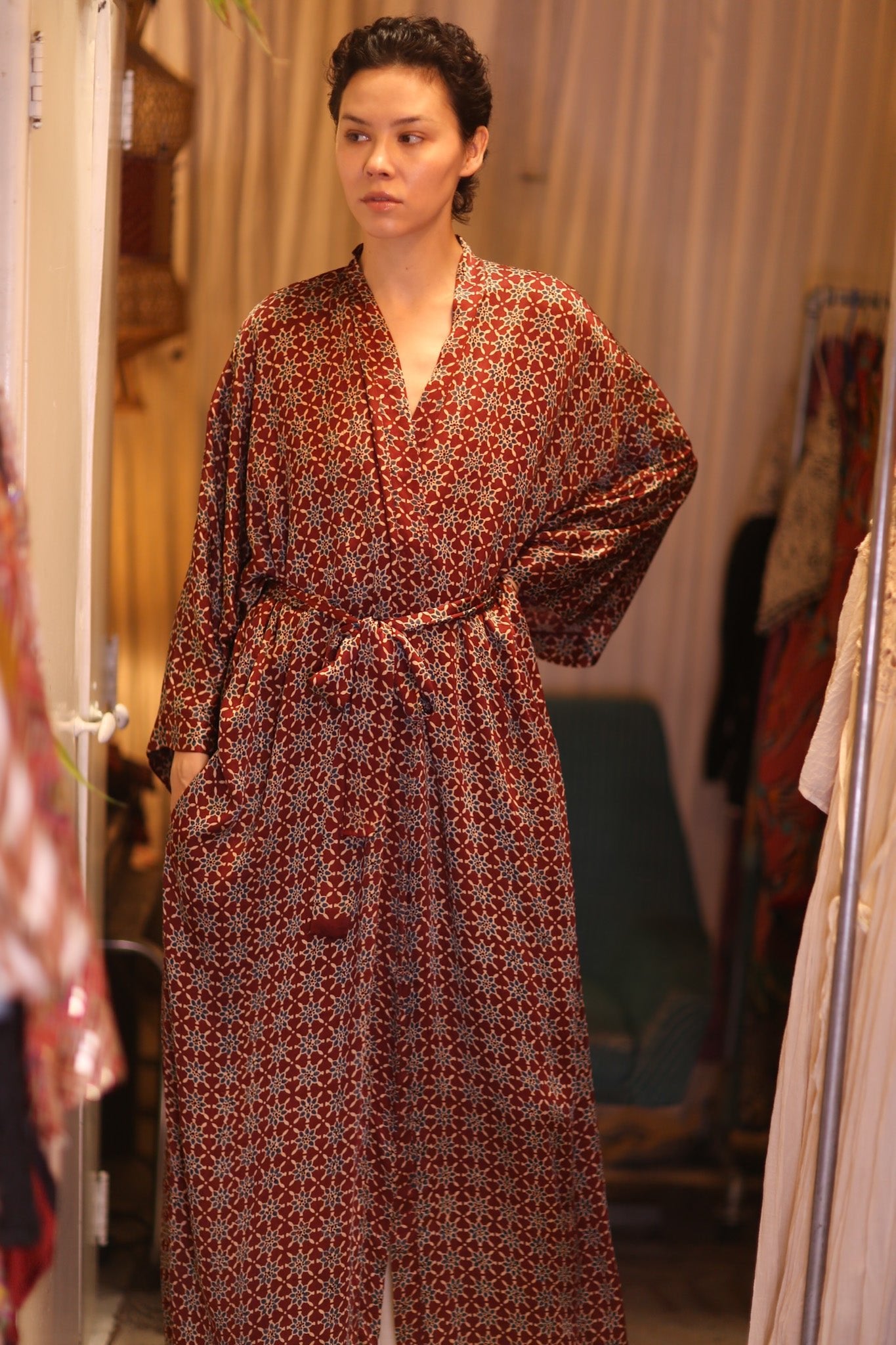 SILK LONG KIMONO WITH BELT UNI - BANGKOK TAILOR CLOTHING STORE - HANDMADE CLOTHING