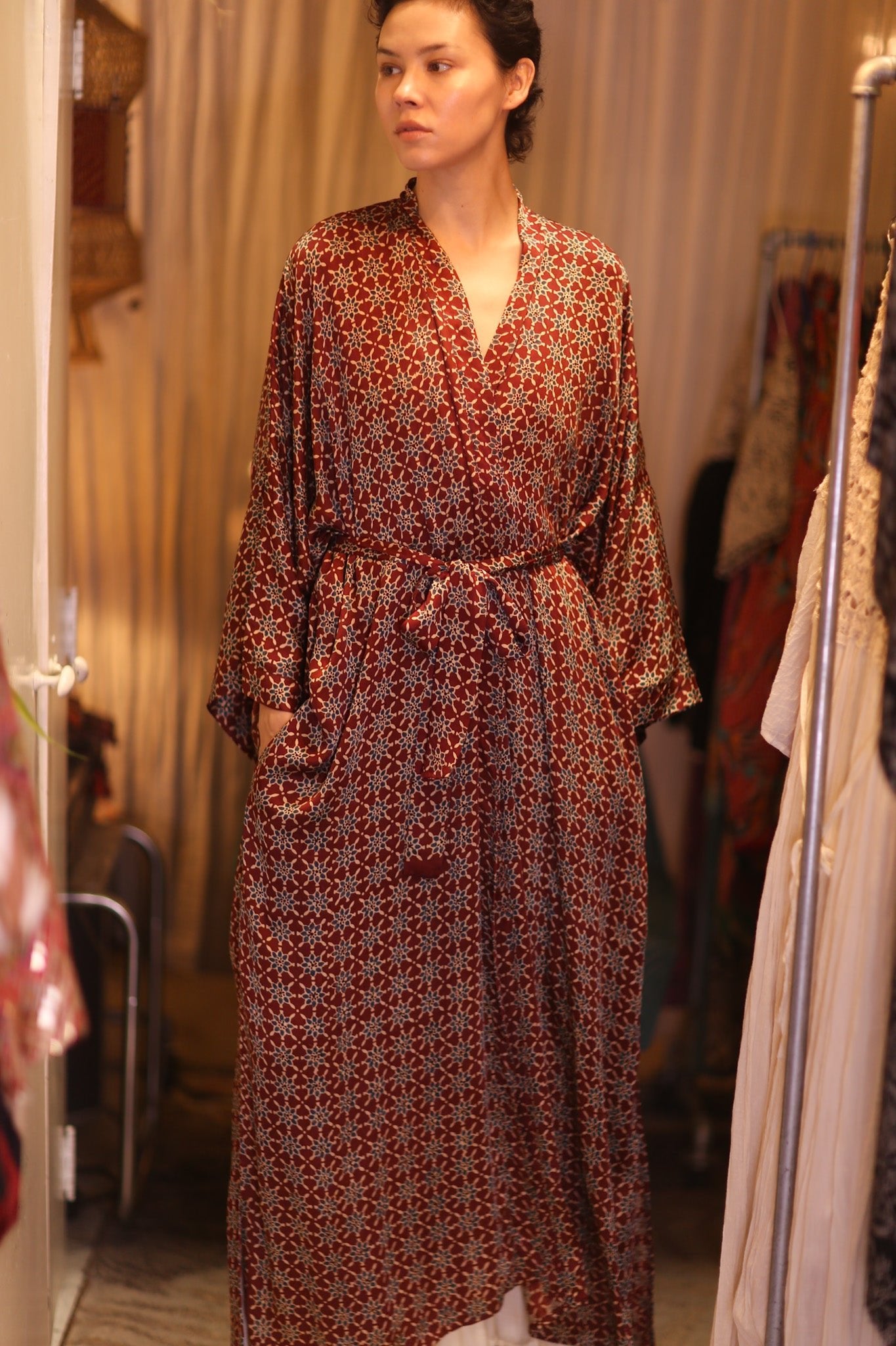 SILK LONG KIMONO WITH BELT UNI - BANGKOK TAILOR CLOTHING STORE - HANDMADE CLOTHING