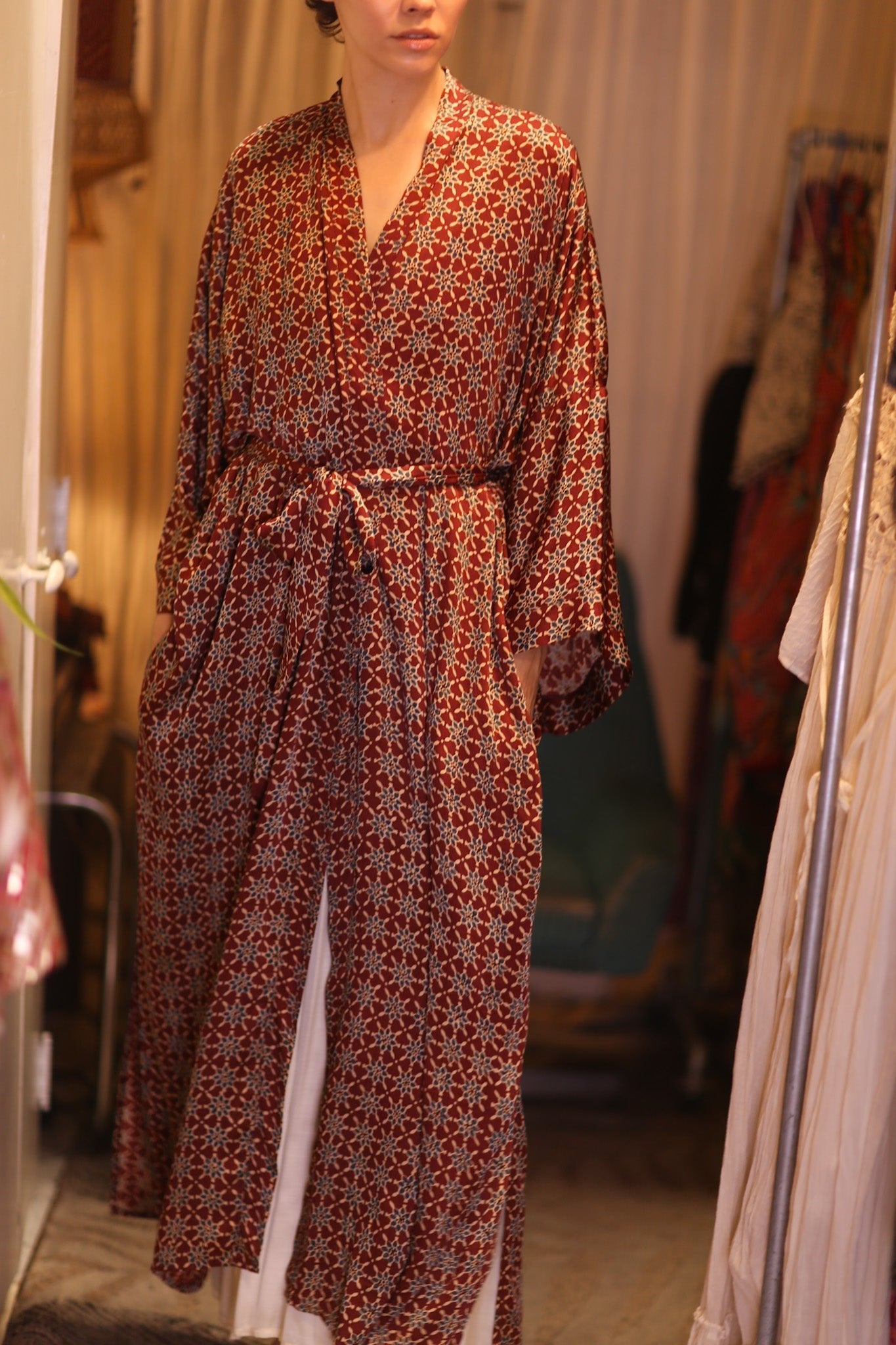 SILK LONG KIMONO WITH BELT UNI - BANGKOK TAILOR CLOTHING STORE - HANDMADE CLOTHING