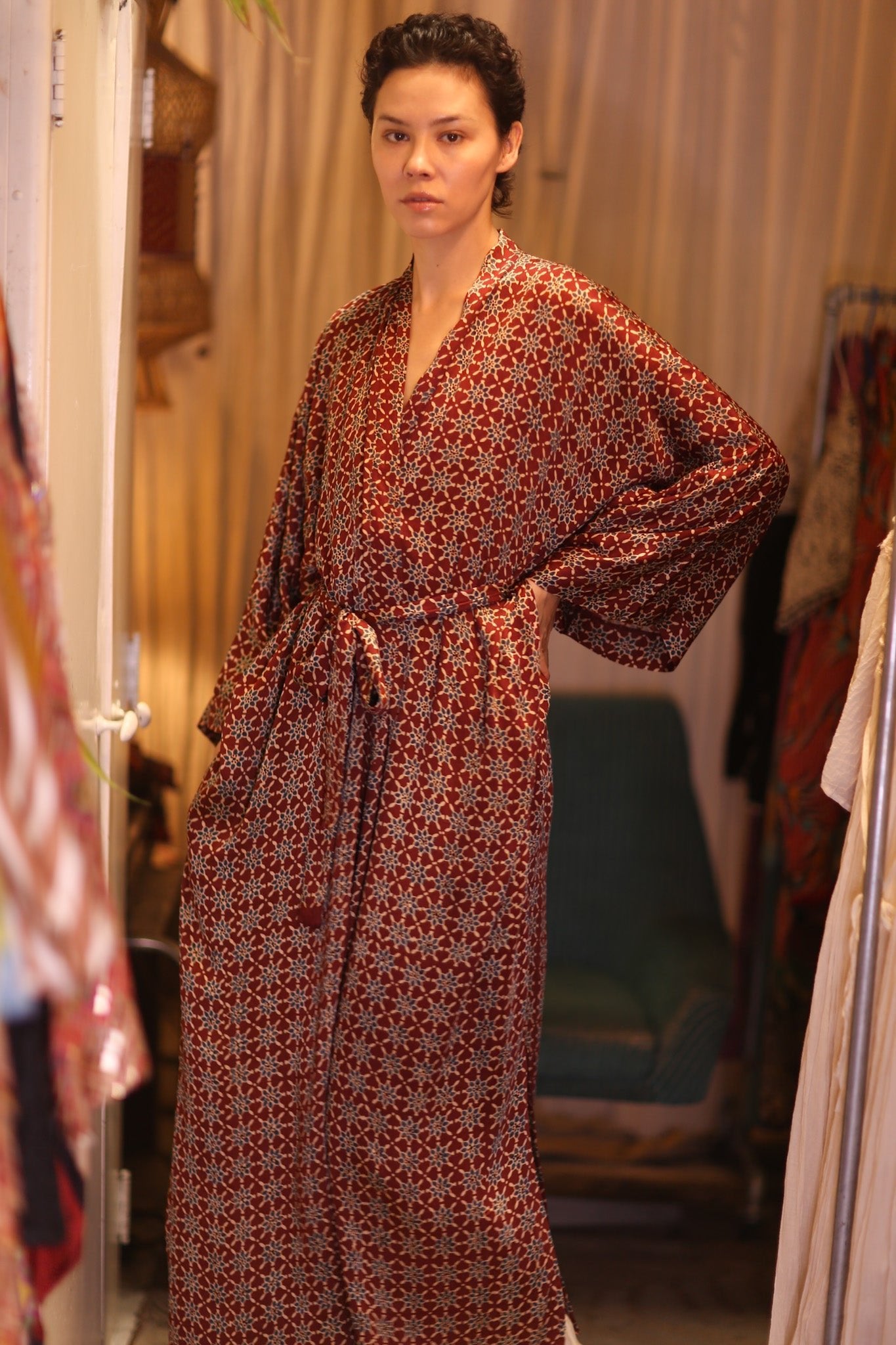 SILK LONG KIMONO WITH BELT UNI - BANGKOK TAILOR CLOTHING STORE - HANDMADE CLOTHING