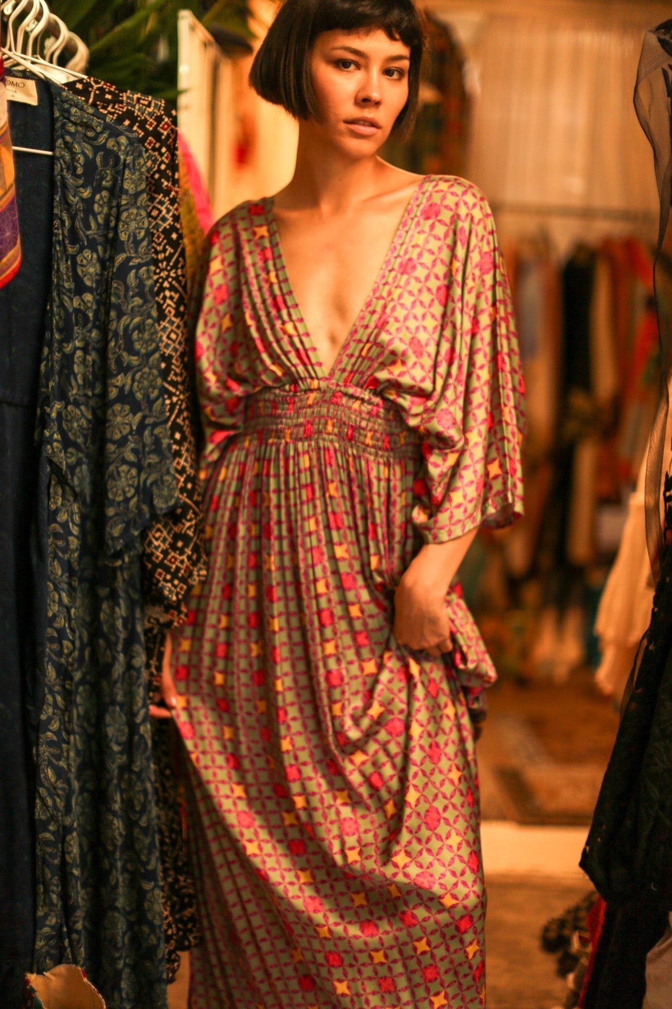 SILK V NECK DRESS PINA - BANGKOK TAILOR CLOTHING STORE - HANDMADE CLOTHING