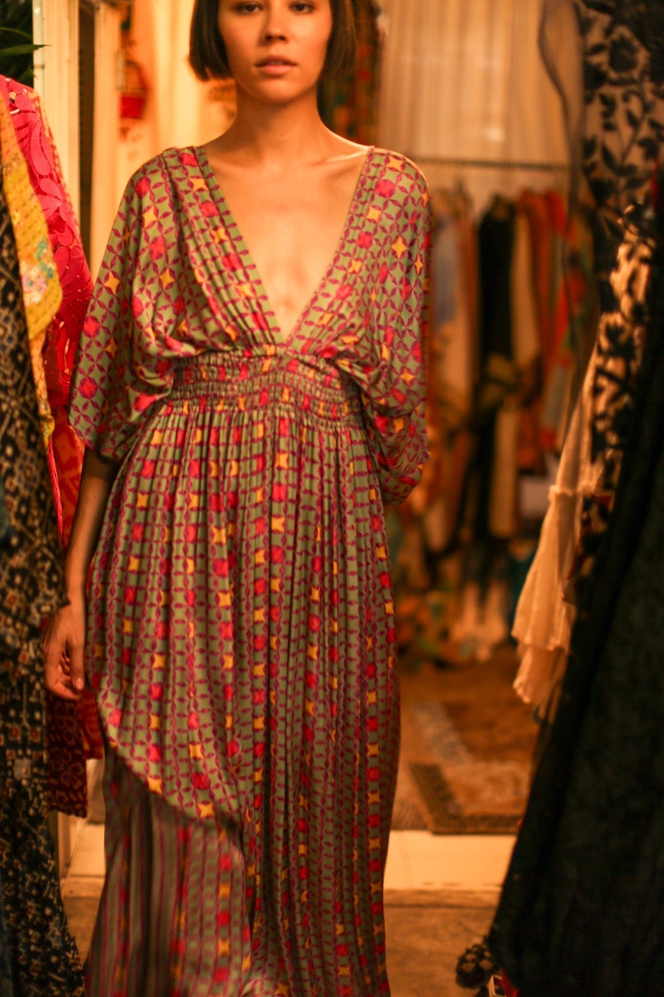 SILK V NECK DRESS PINA - BANGKOK TAILOR CLOTHING STORE - HANDMADE CLOTHING