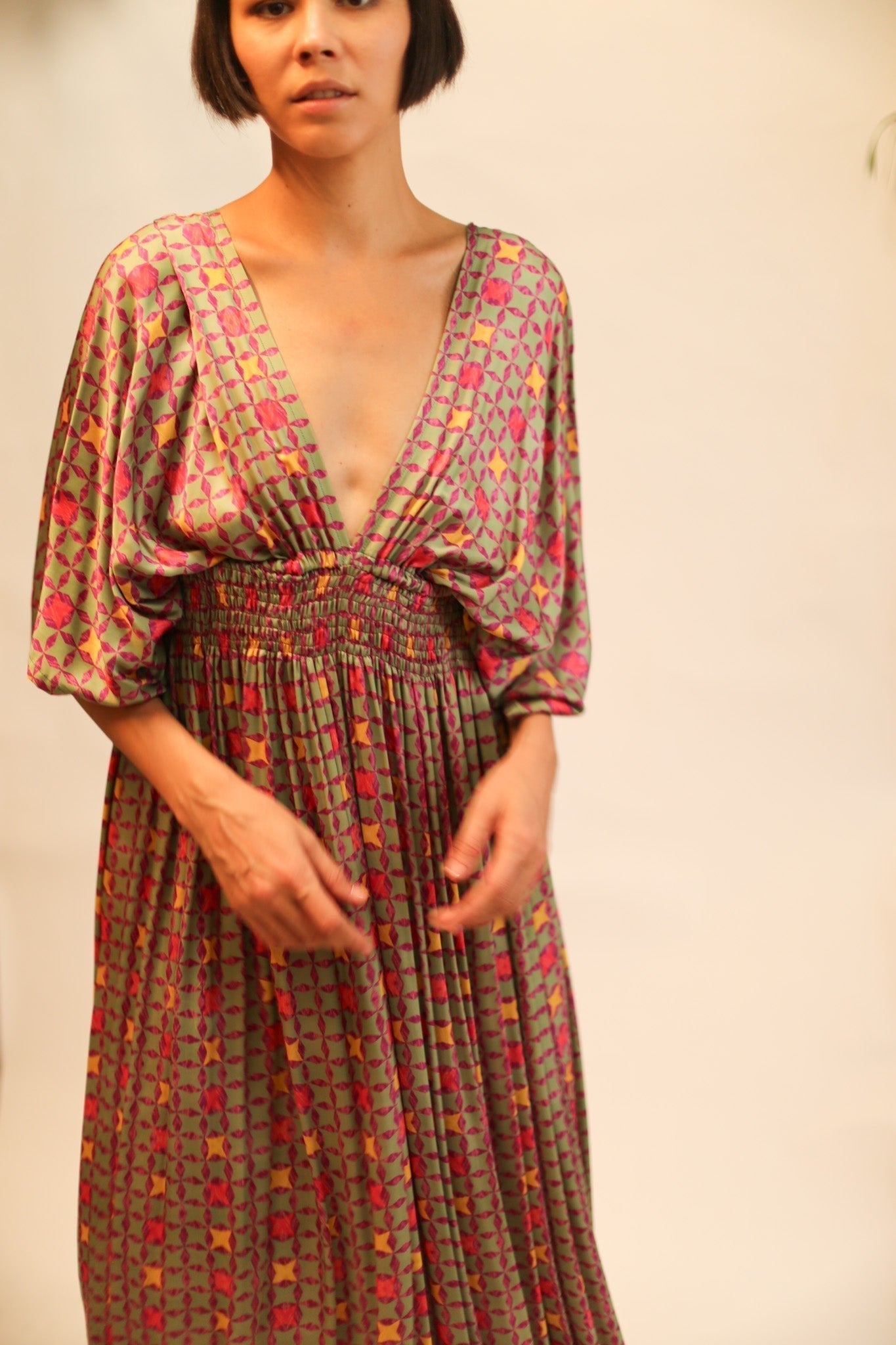 SILK V NECK DRESS PINA - BANGKOK TAILOR CLOTHING STORE - HANDMADE CLOTHING