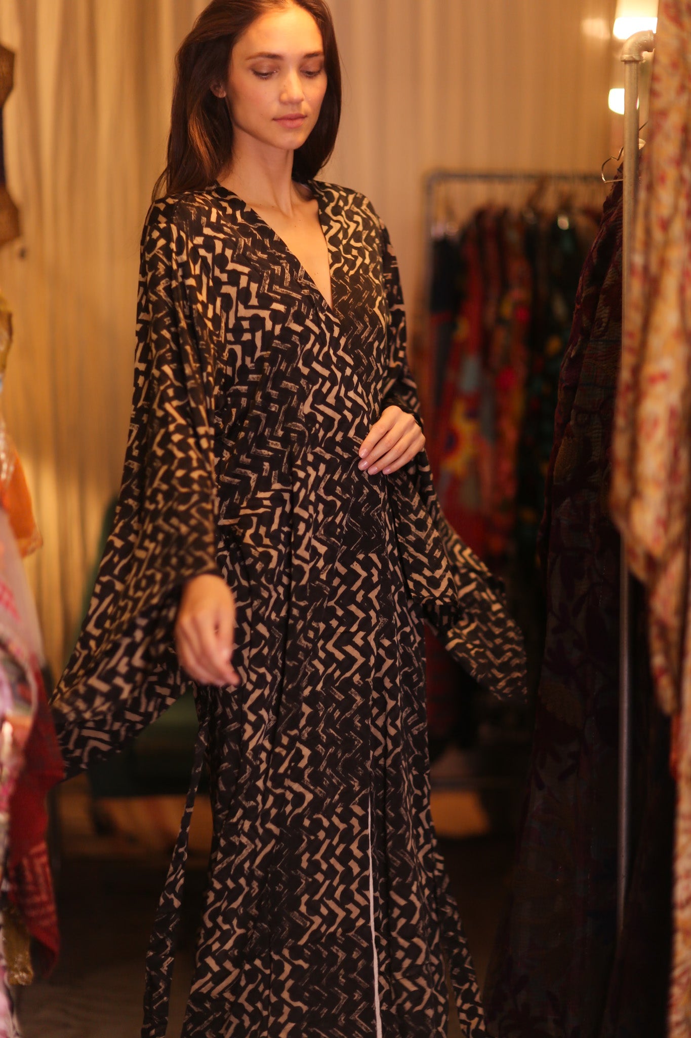 SILK WING KIMONO PINA SILK BROWN GRID - BANGKOK TAILOR CLOTHING STORE - HANDMADE CLOTHING