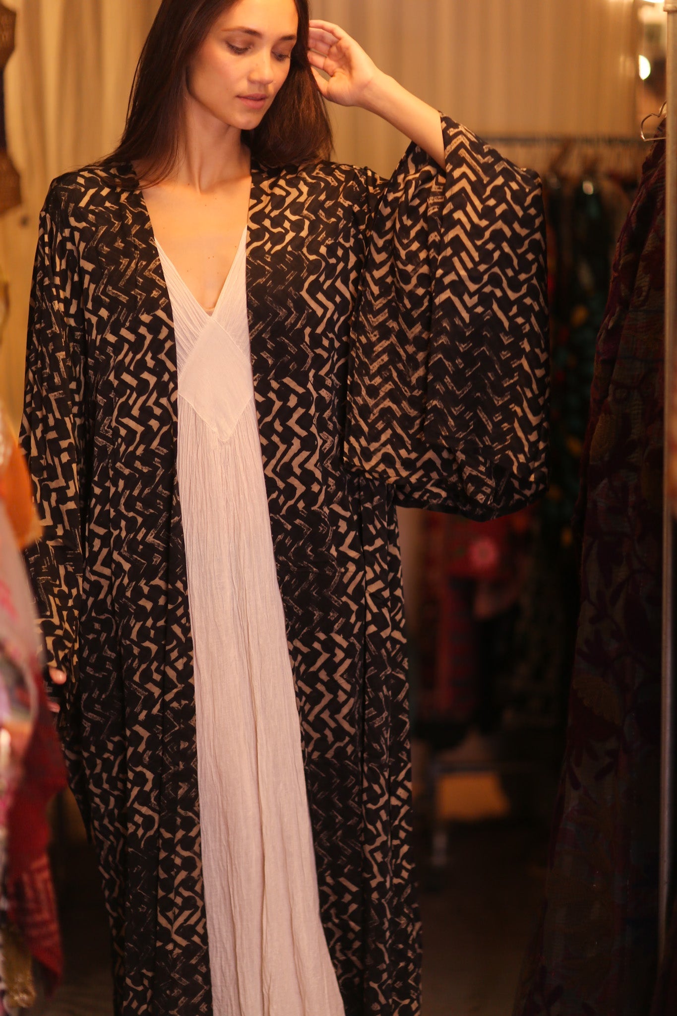 SILK WING KIMONO PINA SILK BROWN GRID - BANGKOK TAILOR CLOTHING STORE - HANDMADE CLOTHING