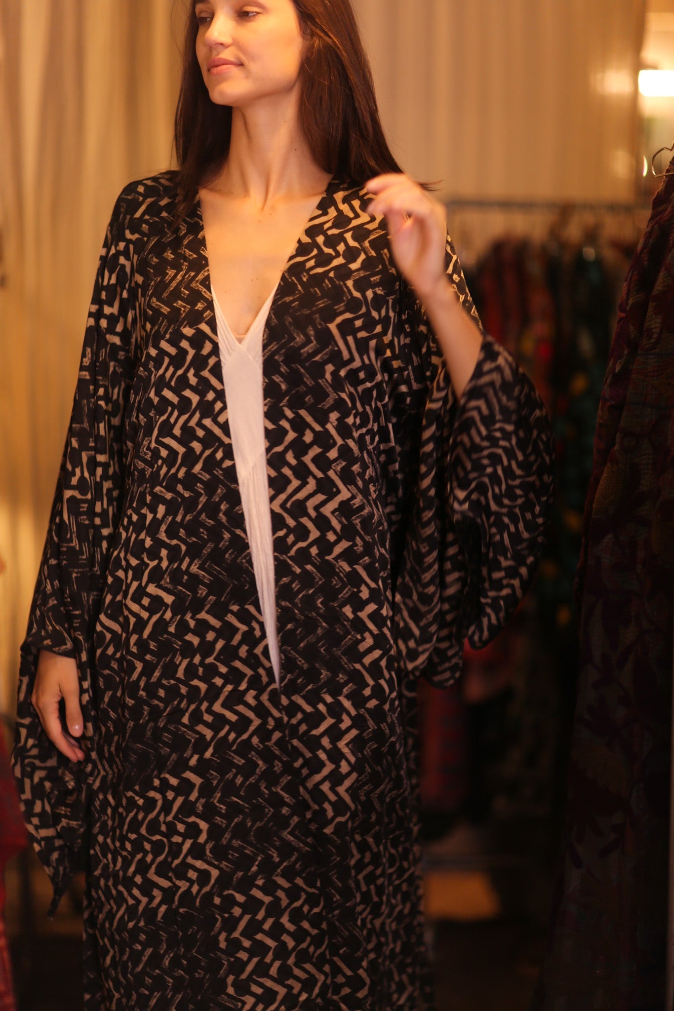 SILK WING KIMONO PINA SILK BROWN GRID - BANGKOK TAILOR CLOTHING STORE - HANDMADE CLOTHING