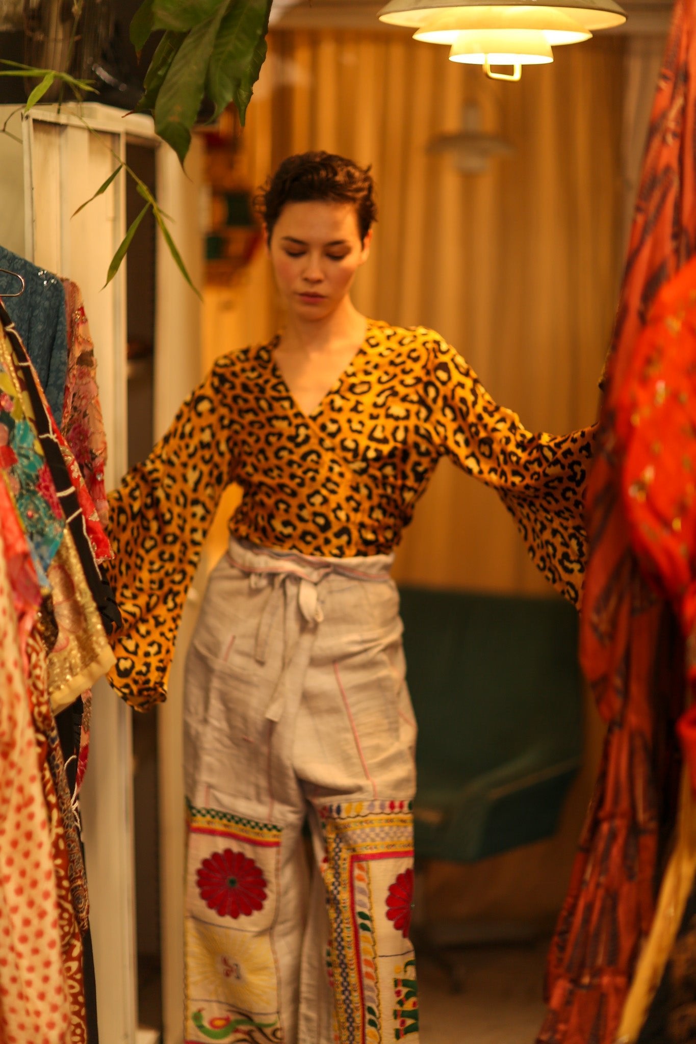 SILK WRAP TOP AVRELIA DARK YELLOW LEOPARD - BANGKOK TAILOR CLOTHING STORE - HANDMADE CLOTHING