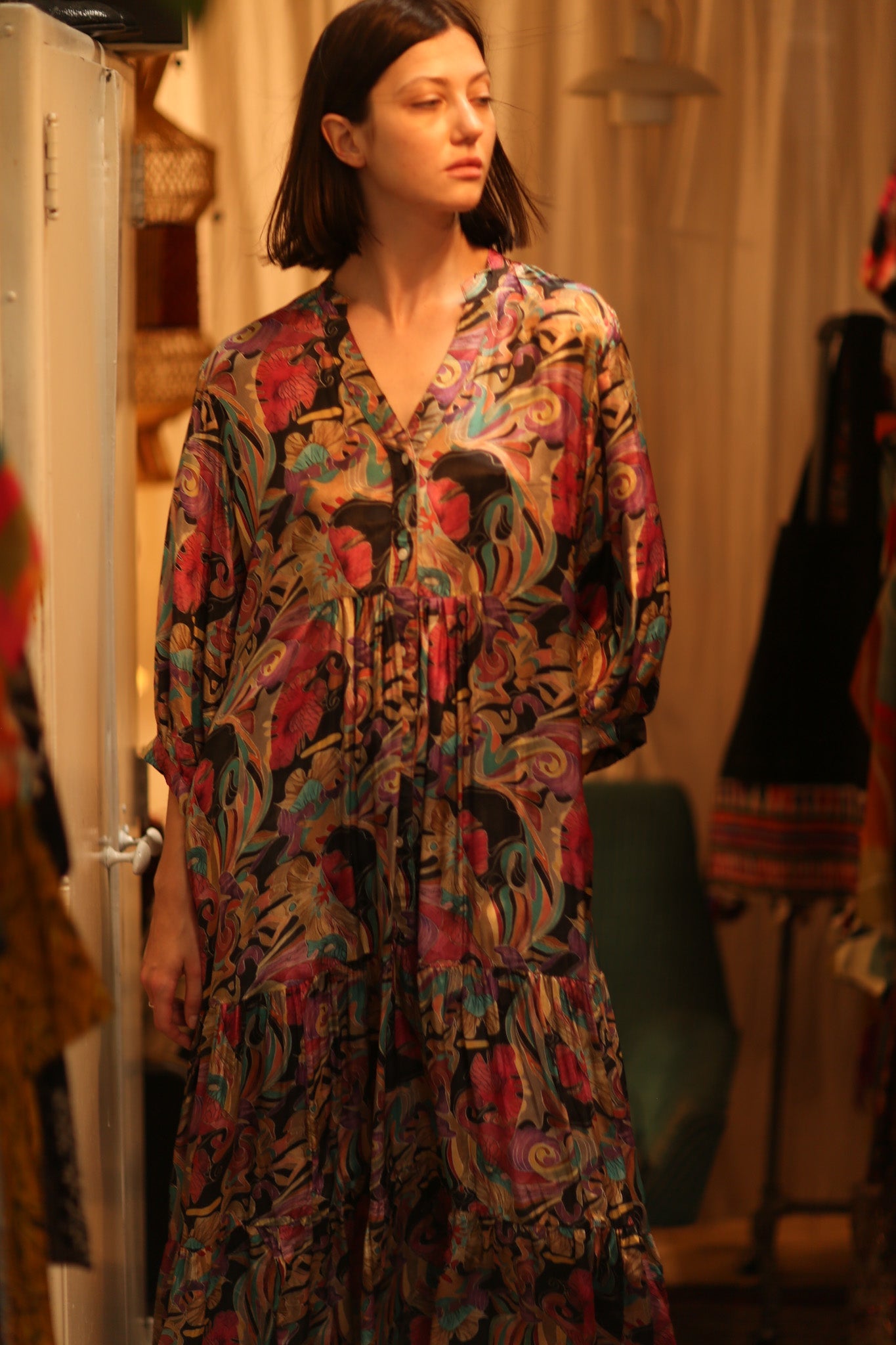 SUSIE SILK DRESS BLACK JUNGLE FEVER - BANGKOK TAILOR CLOTHING STORE - HANDMADE CLOTHING