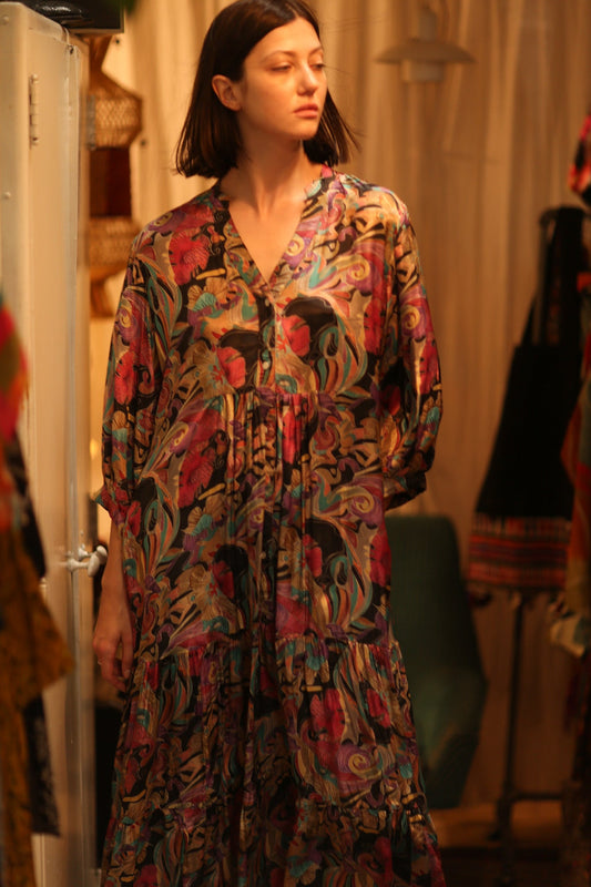 SUSIE SILK DRESS BLACK JUNGLE FEVER - BANGKOK TAILOR CLOTHING STORE - HANDMADE CLOTHING