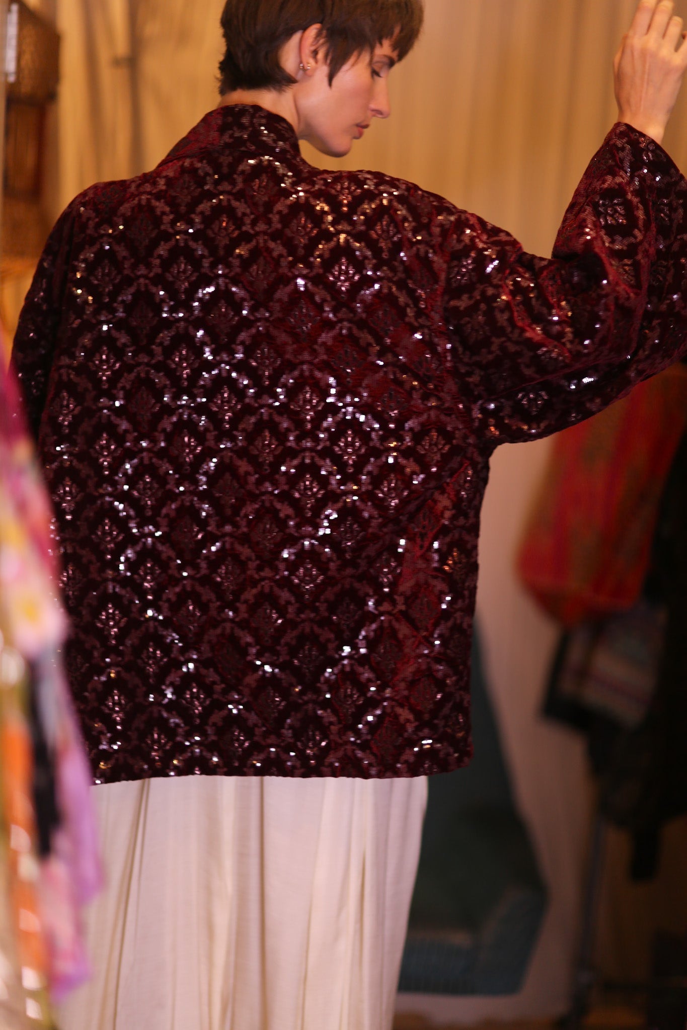 VELVET SHORT KIMONO CRIMSON - BANGKOK TAILOR CLOTHING STORE - HANDMADE CLOTHING