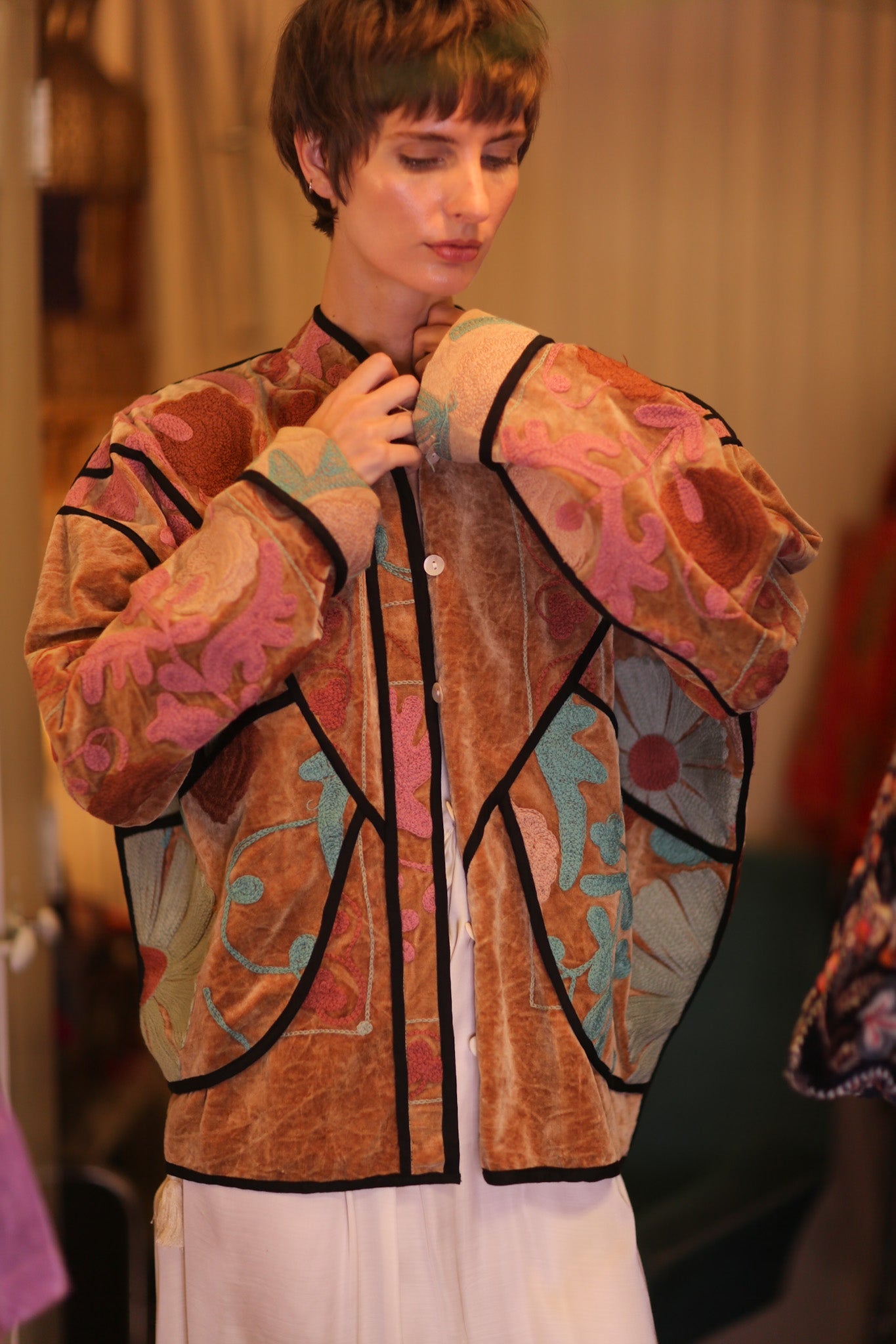 VELVET SUZANI EMBROIDERED JACKET HONEY - BANGKOK TAILOR CLOTHING STORE - HANDMADE CLOTHING