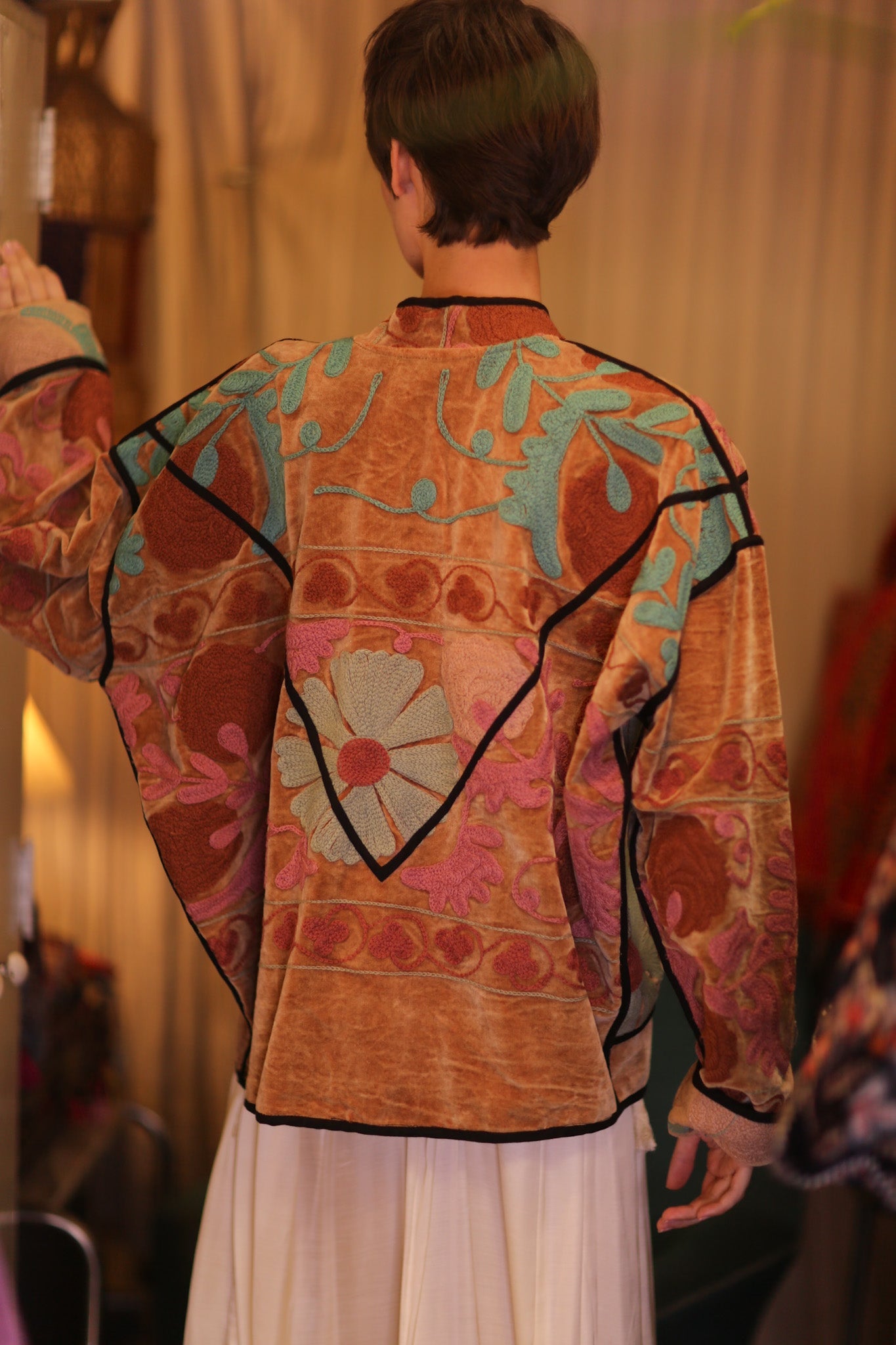 VELVET SUZANI EMBROIDERED JACKET HONEY - BANGKOK TAILOR CLOTHING STORE - HANDMADE CLOTHING