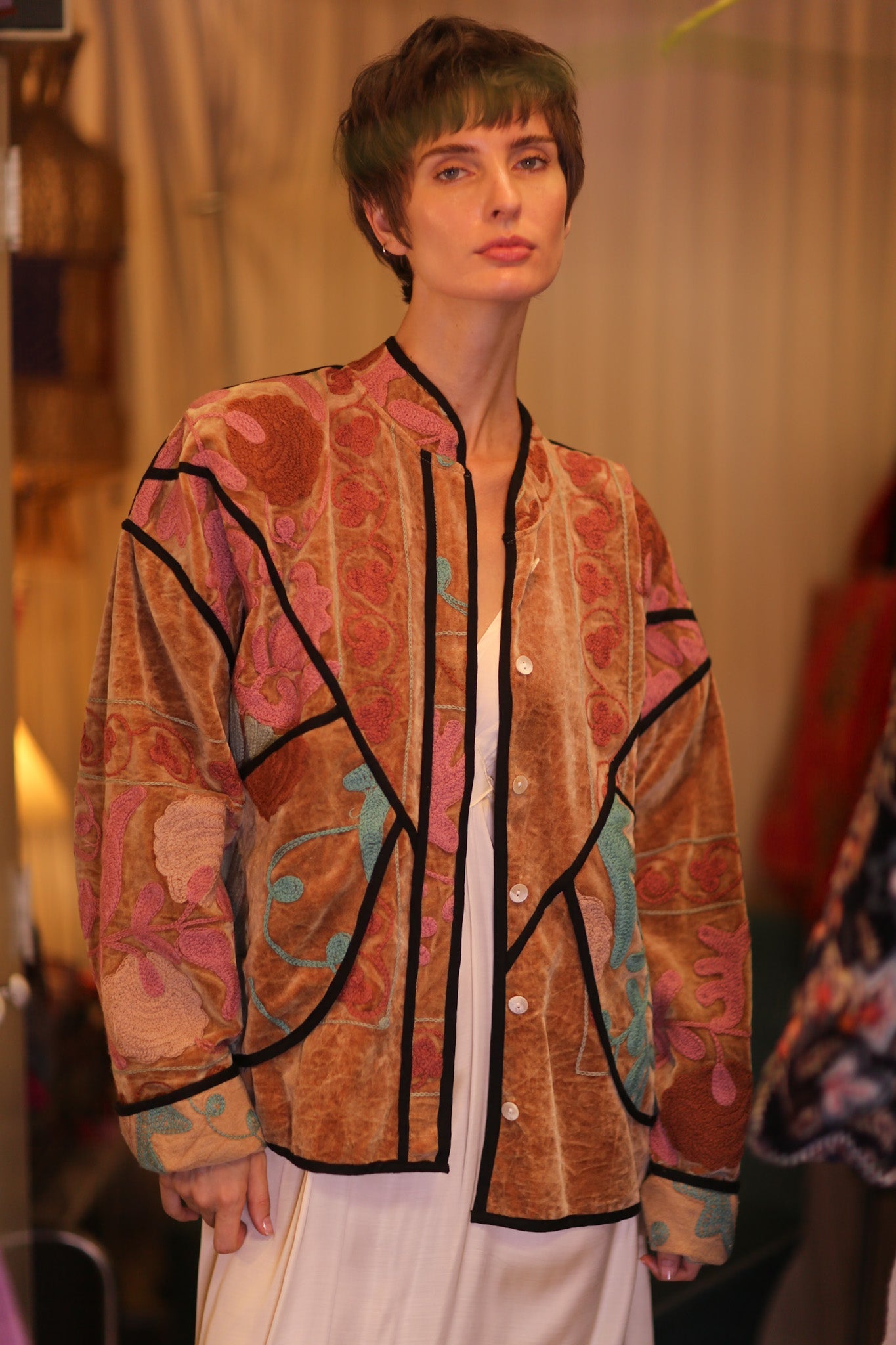 VELVET SUZANI EMBROIDERED JACKET HONEY - BANGKOK TAILOR CLOTHING STORE - HANDMADE CLOTHING
