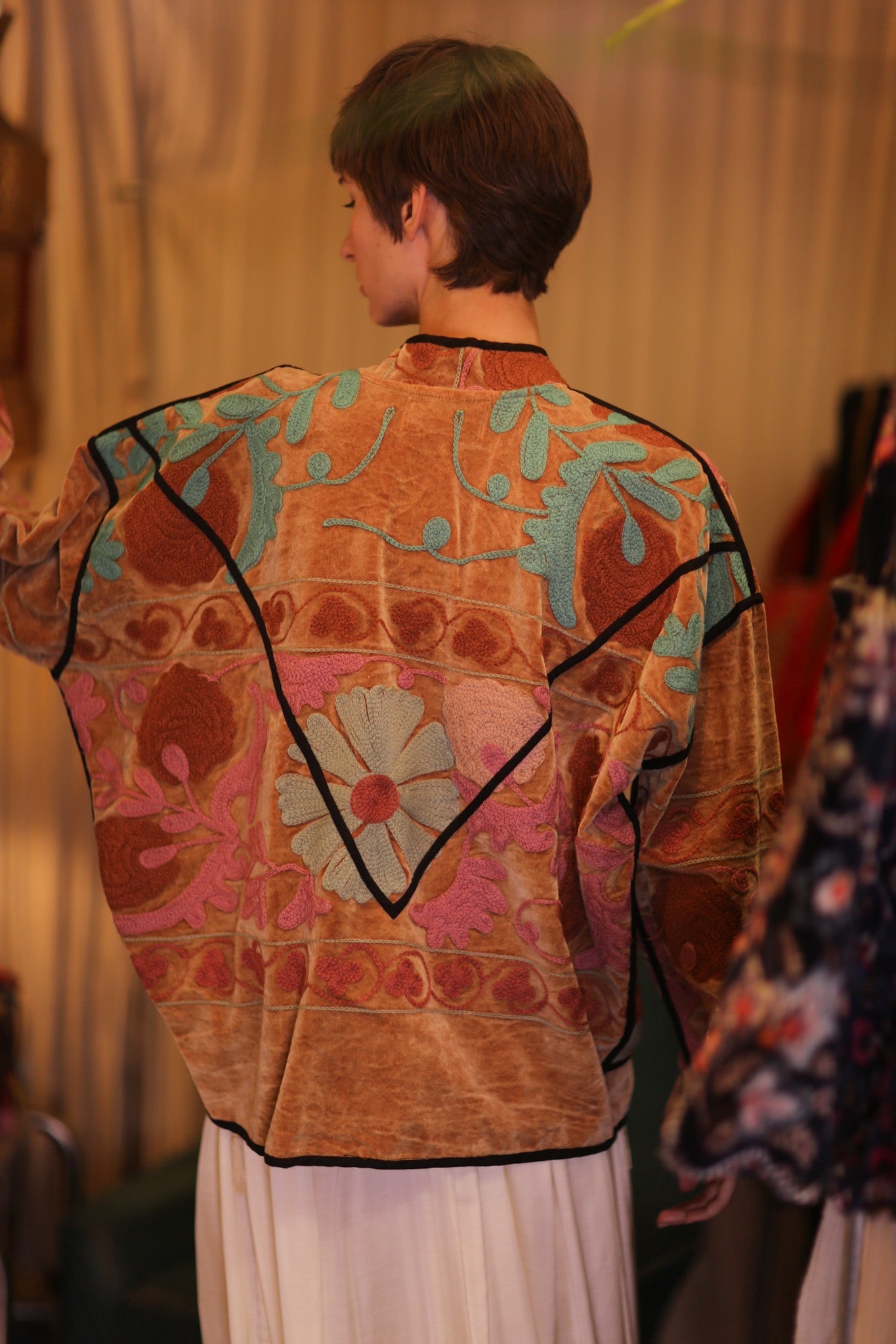 VELVET SUZANI EMBROIDERED JACKET HONEY - BANGKOK TAILOR CLOTHING STORE - HANDMADE CLOTHING