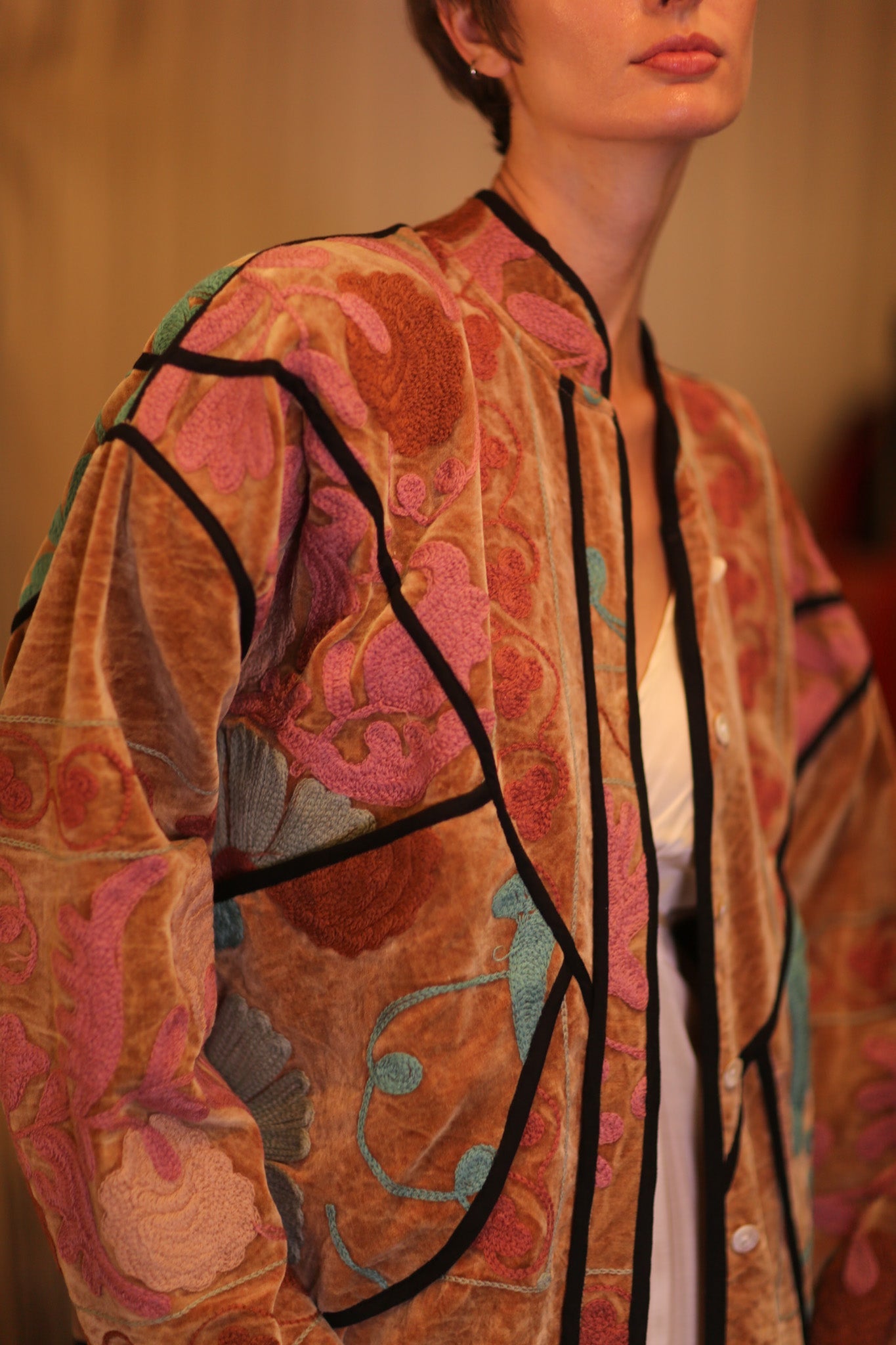 VELVET SUZANI EMBROIDERED JACKET HONEY - BANGKOK TAILOR CLOTHING STORE - HANDMADE CLOTHING
