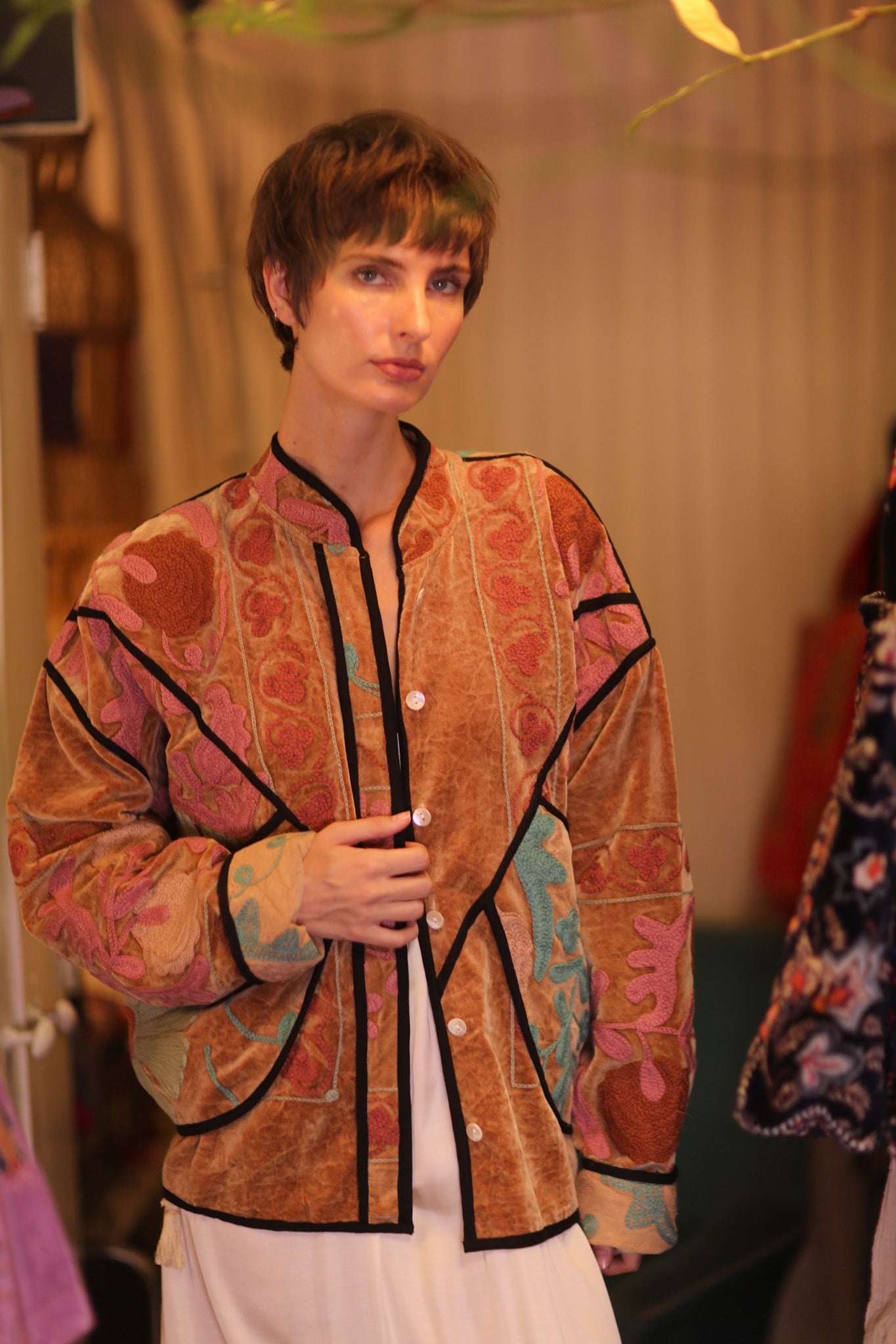 VELVET SUZANI EMBROIDERED JACKET HONEY - BANGKOK TAILOR CLOTHING STORE - HANDMADE CLOTHING