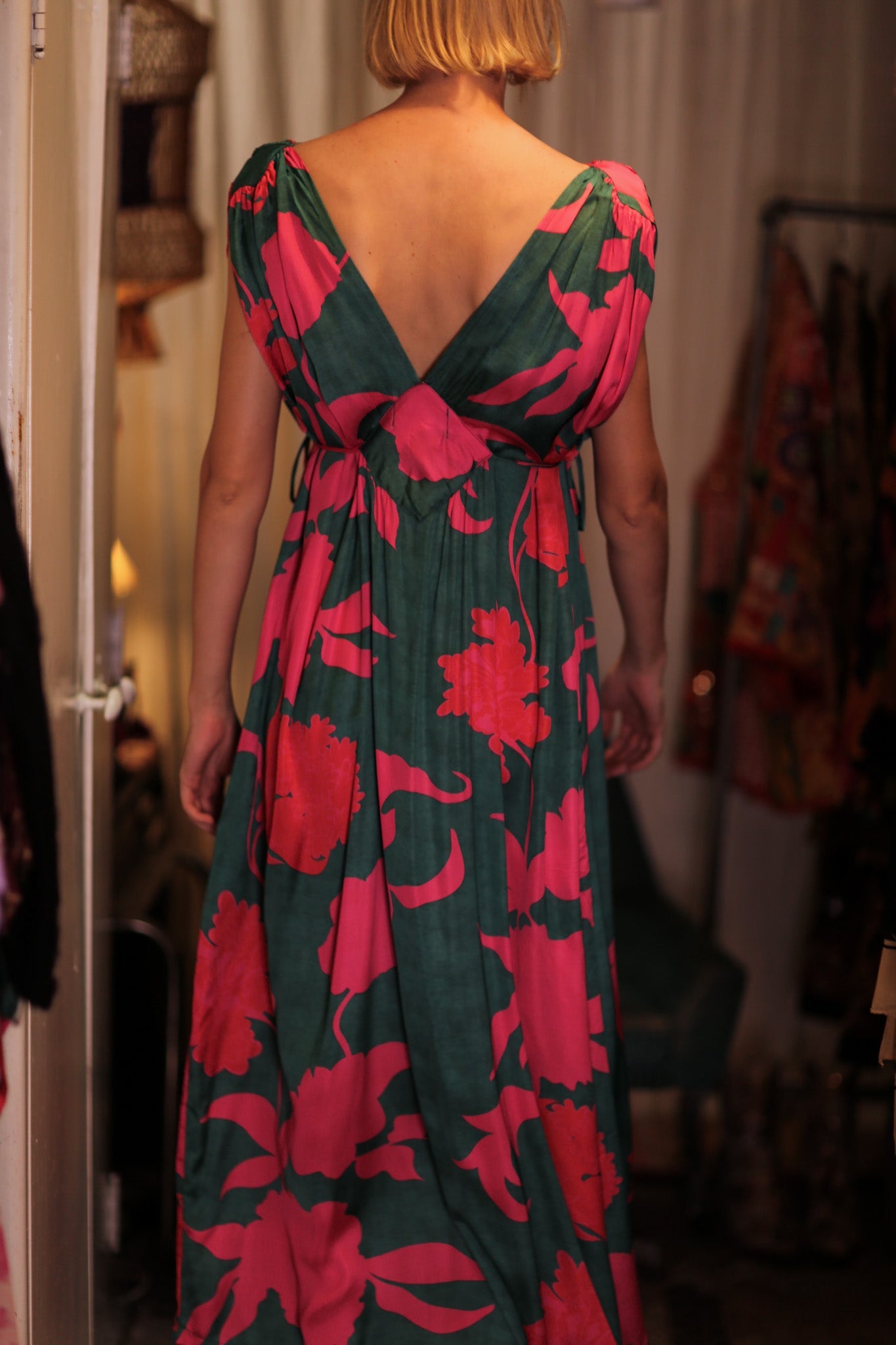 VICTORIA SILK DRESS VERMILION VINES - BANGKOK TAILOR CLOTHING STORE - HANDMADE CLOTHING