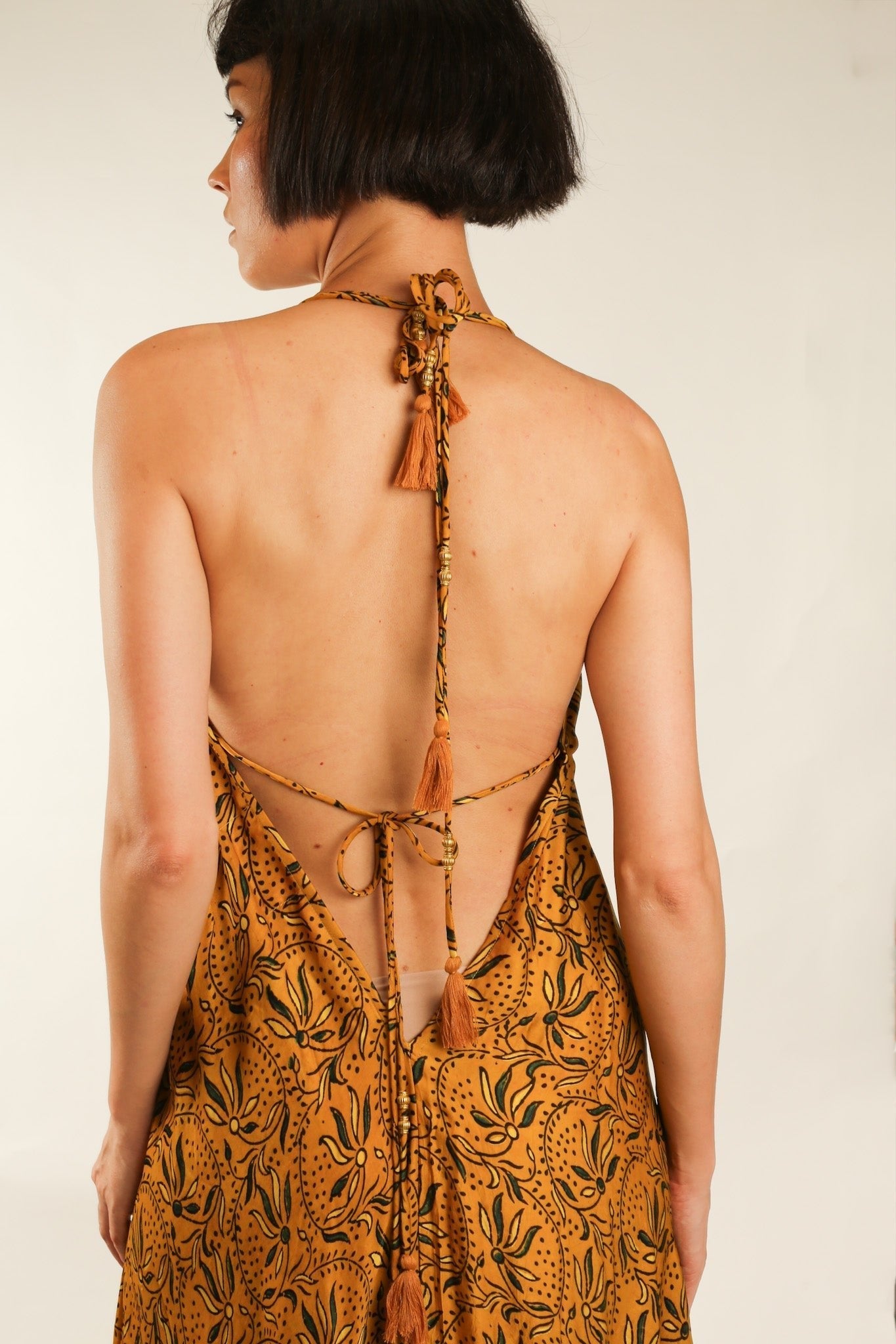 YELLOW SILK OPEN BACK SHOULDER DRESS FRANKIS - BANGKOK TAILOR CLOTHING STORE - HANDMADE CLOTHING