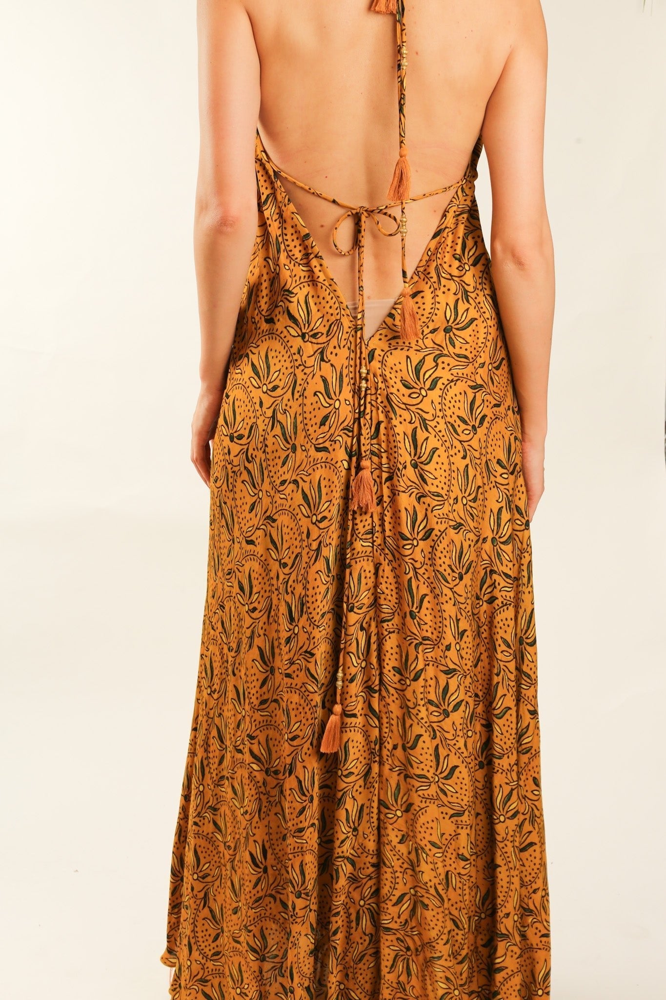 YELLOW SILK OPEN BACK SHOULDER DRESS FRANKIS - BANGKOK TAILOR CLOTHING STORE - HANDMADE CLOTHING