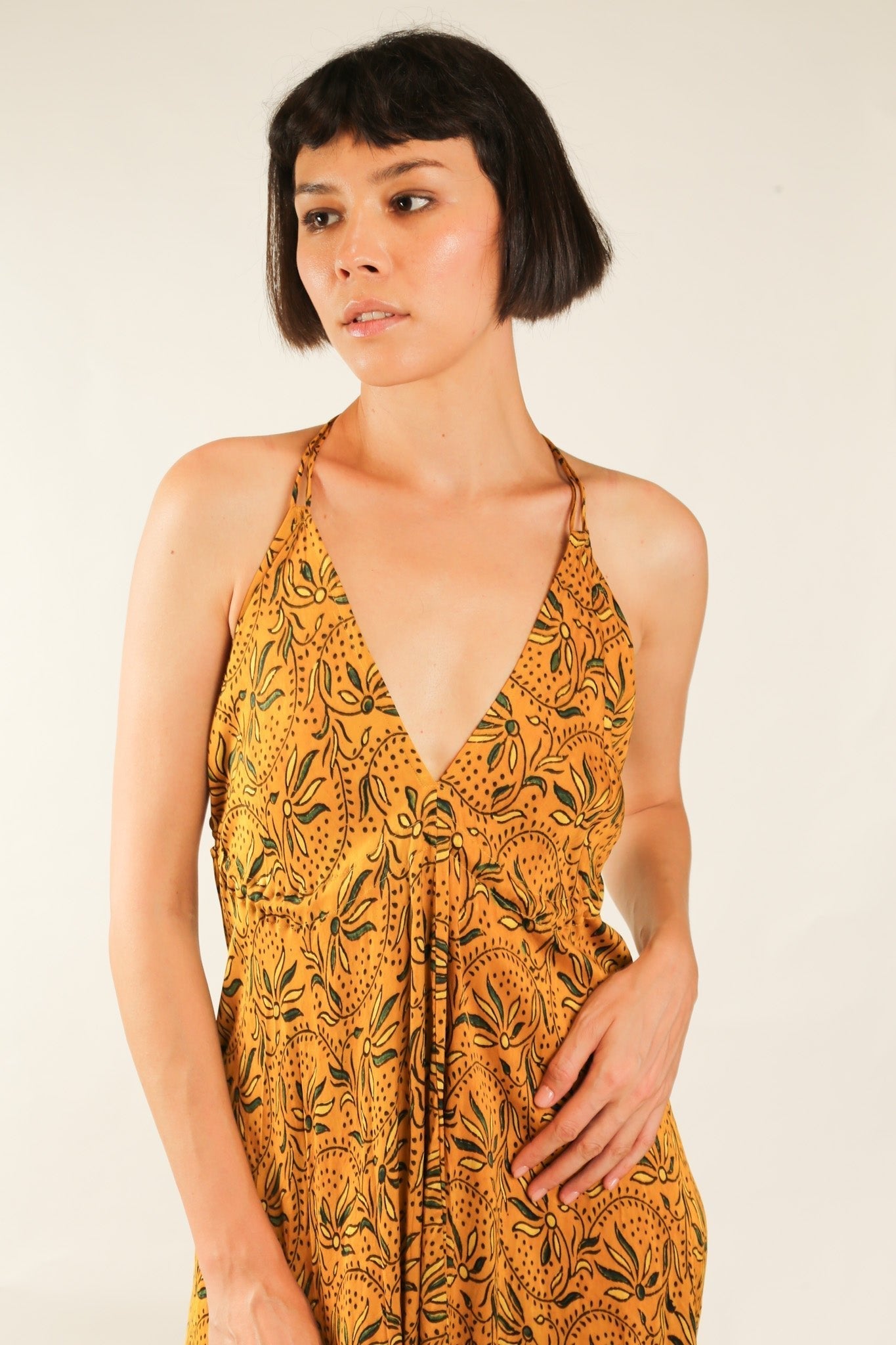 YELLOW SILK OPEN BACK SHOULDER DRESS FRANKIS - BANGKOK TAILOR CLOTHING STORE - HANDMADE CLOTHING