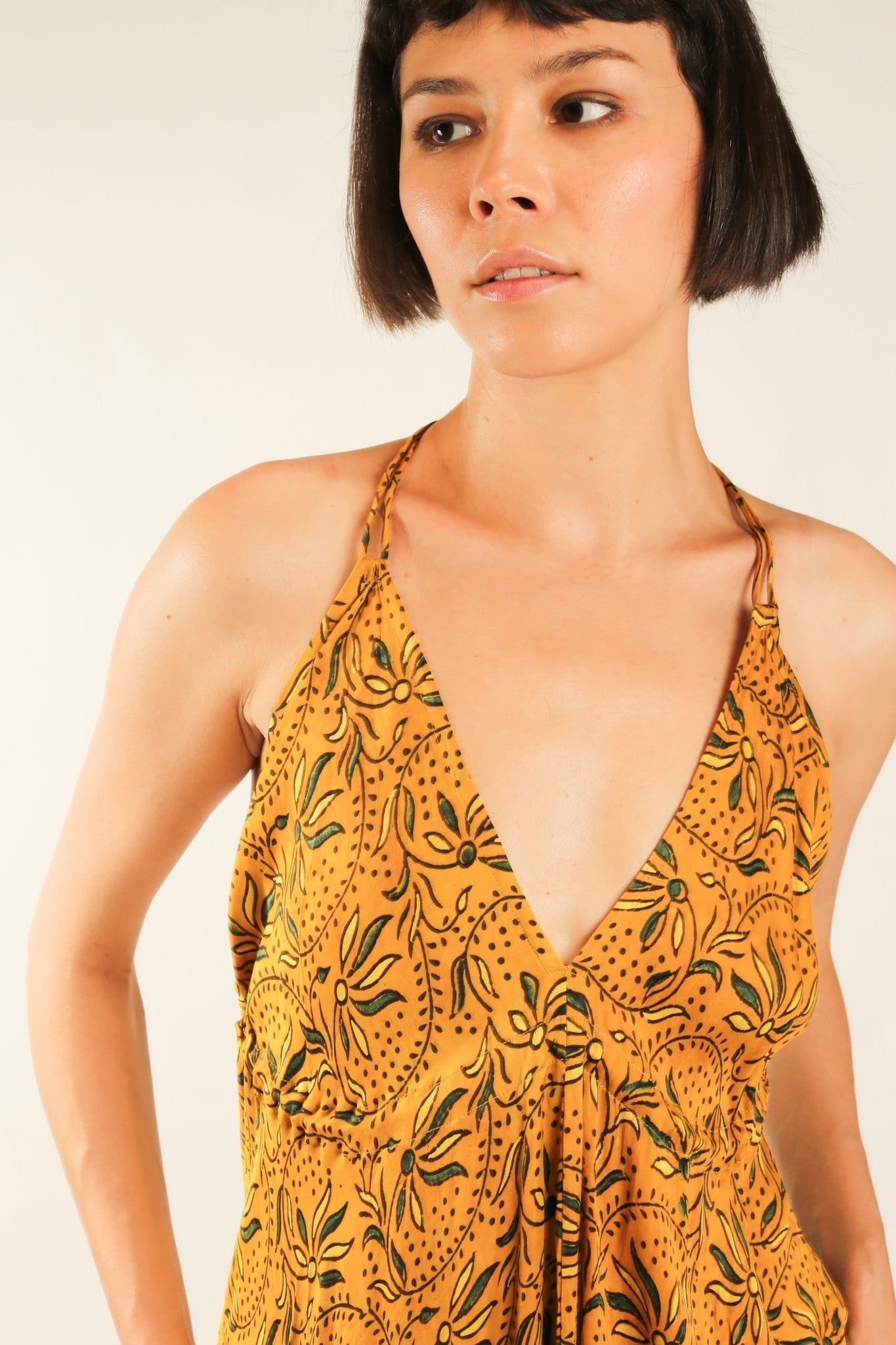 YELLOW SILK OPEN BACK SHOULDER DRESS FRANKIS - BANGKOK TAILOR CLOTHING STORE - HANDMADE CLOTHING