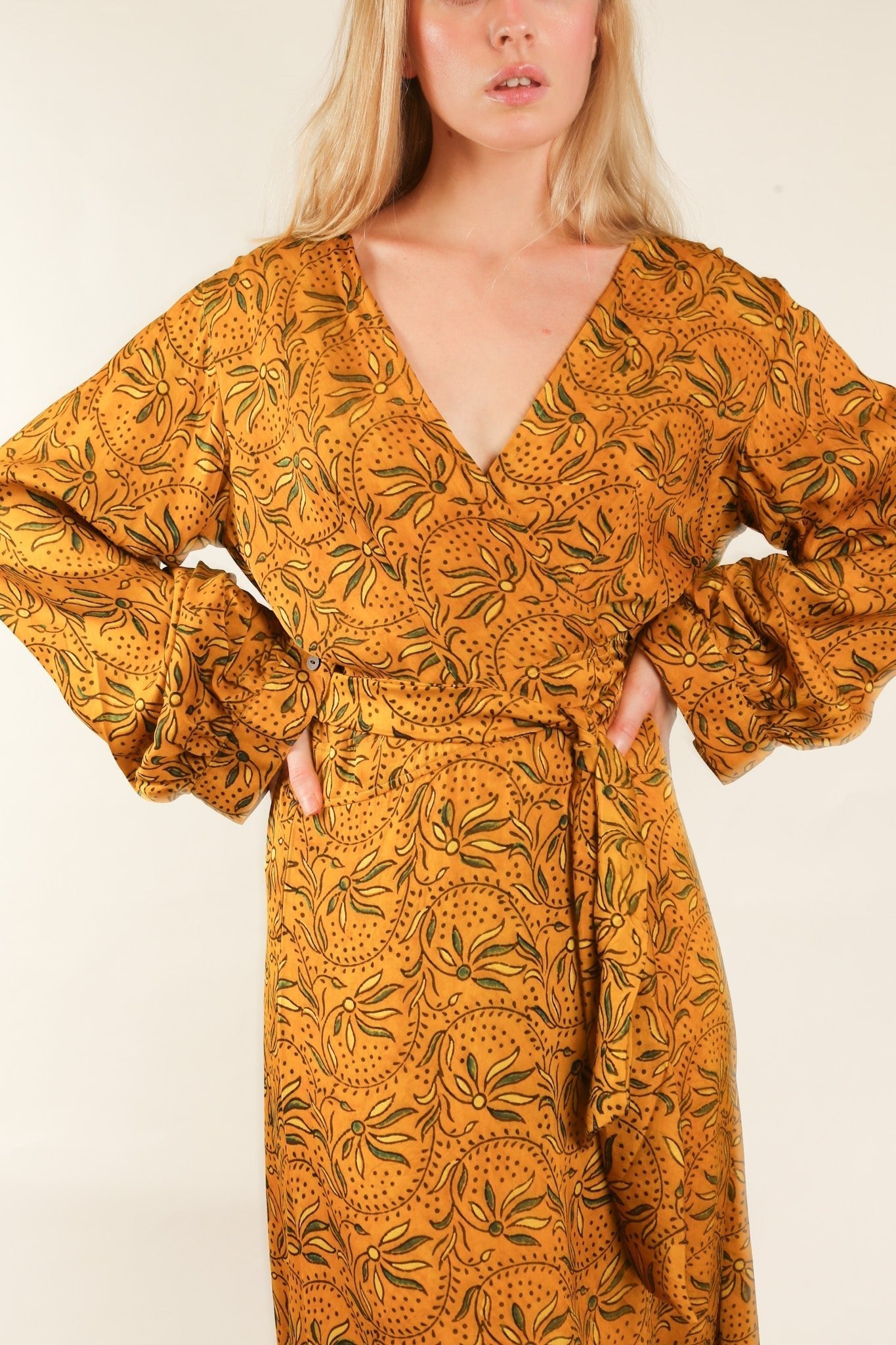 YELLOW SILK WRAP DRESS LOTIZIA - BANGKOK TAILOR CLOTHING STORE - HANDMADE CLOTHING