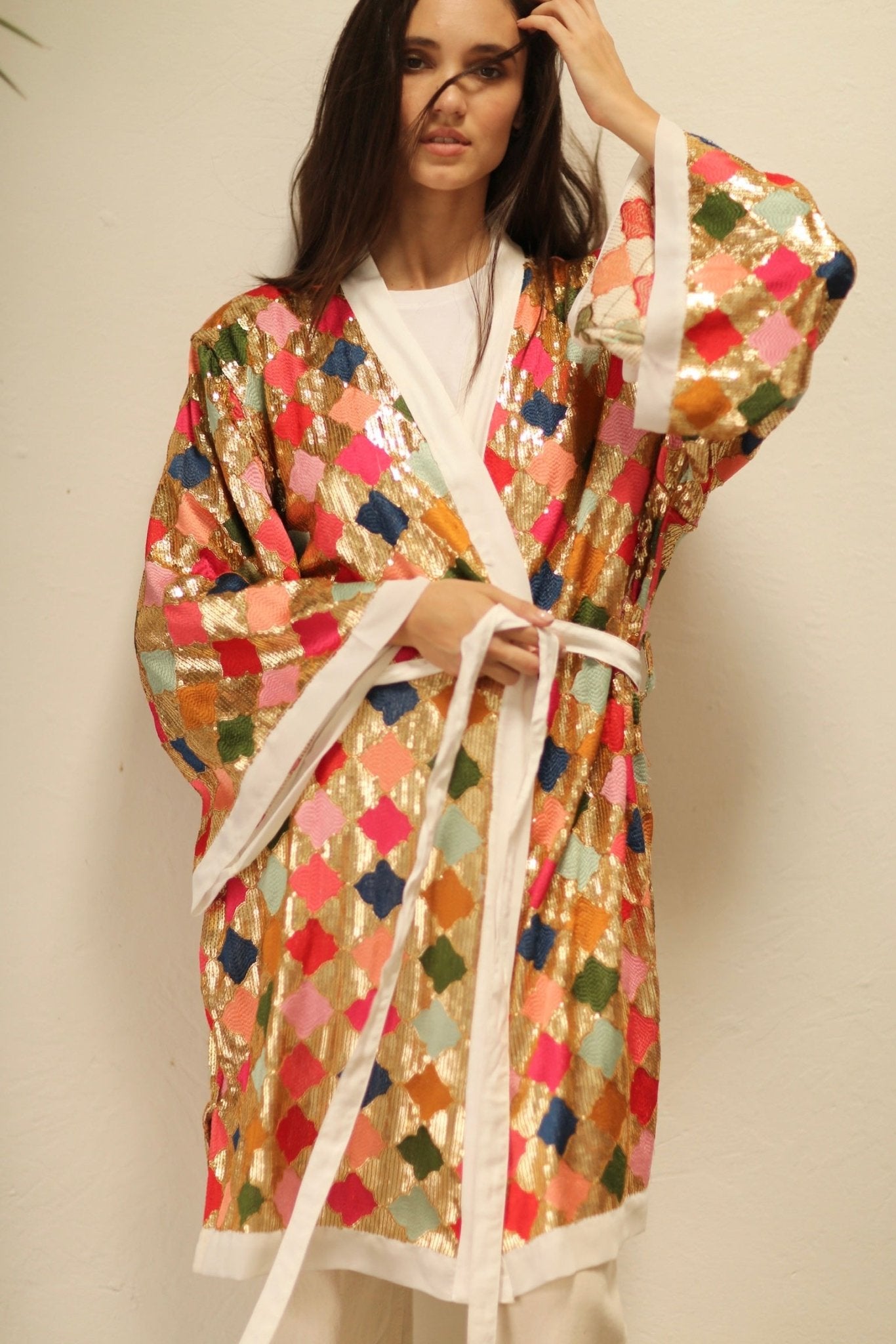 ARGUS GLO CHIFFON SILK SEQUIN EMBROIDERED KIMONO - BANGKOK TAILOR CLOTHING STORE - HANDMADE CLOTHING