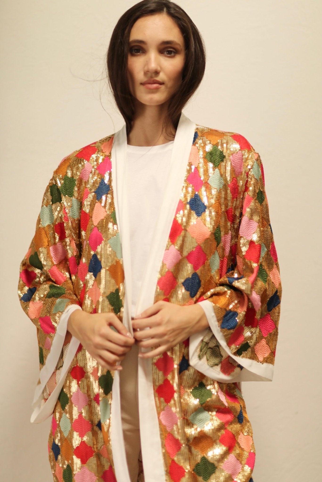 ARGUS GLO CHIFFON SILK SEQUIN EMBROIDERED KIMONO - BANGKOK TAILOR CLOTHING STORE - HANDMADE CLOTHING