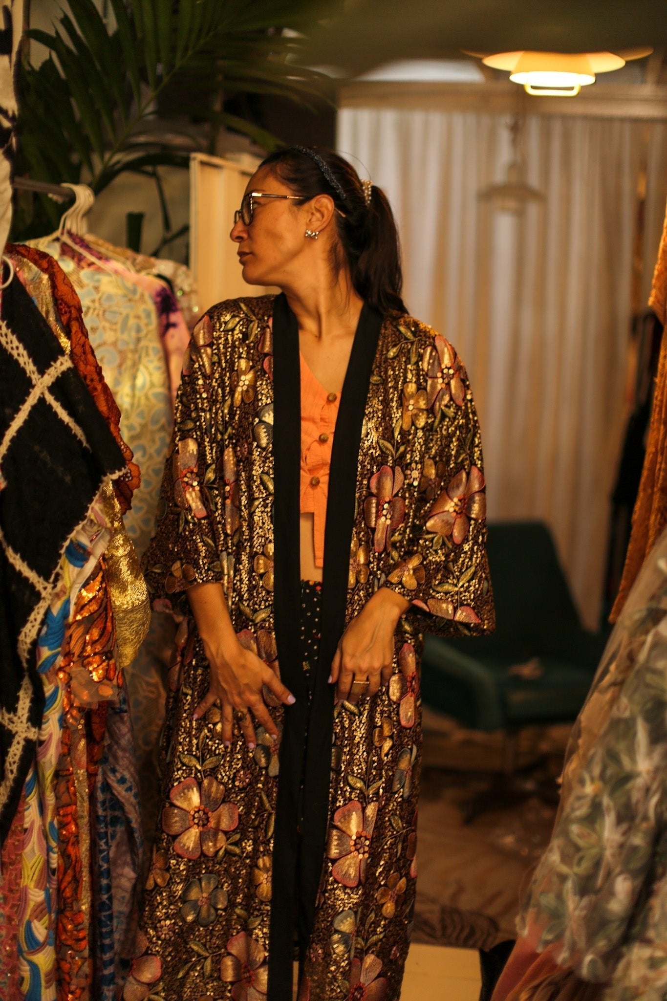 BLACK CHIFFON SILK SEQUIN EMBROIDERED KIMONO - BANGKOK TAILOR CLOTHING STORE - HANDMADE CLOTHING