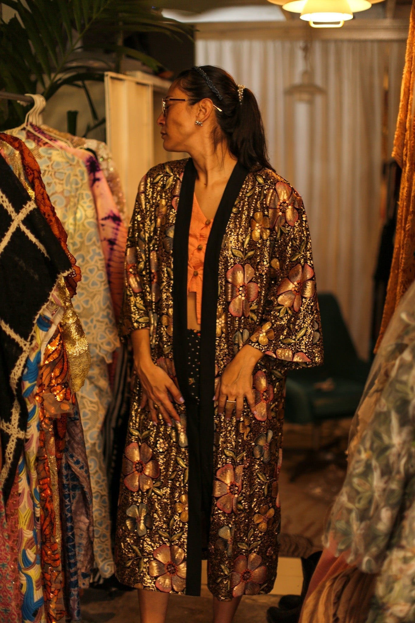 BLACK CHIFFON SILK SEQUIN EMBROIDERED KIMONO - BANGKOK TAILOR CLOTHING STORE - HANDMADE CLOTHING