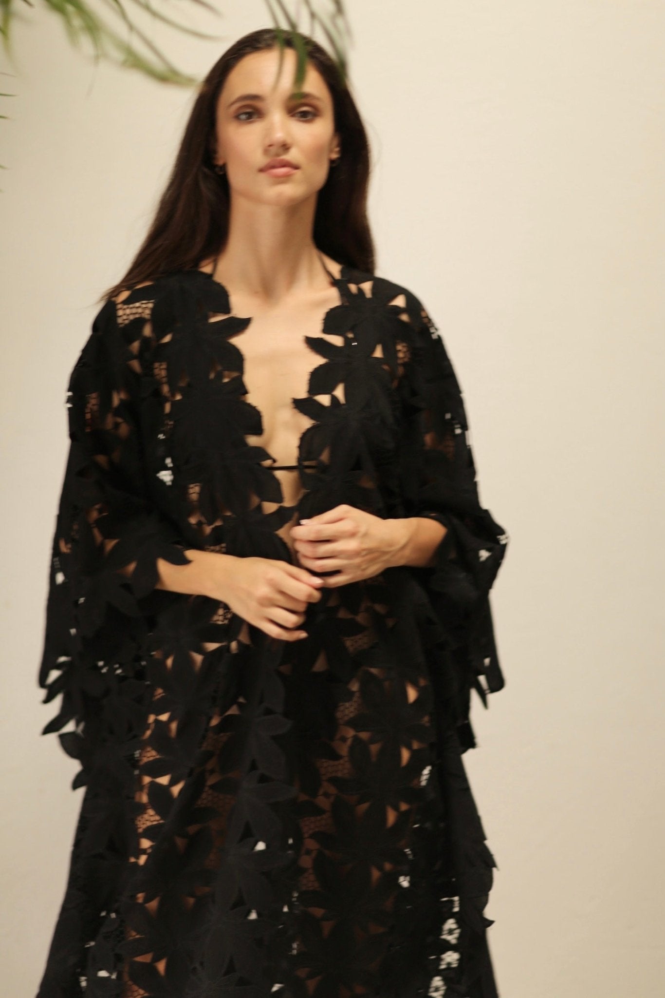 BLACK COTON LACE FLOWER KIMONO - BANGKOK TAILOR CLOTHING STORE - HANDMADE CLOTHING