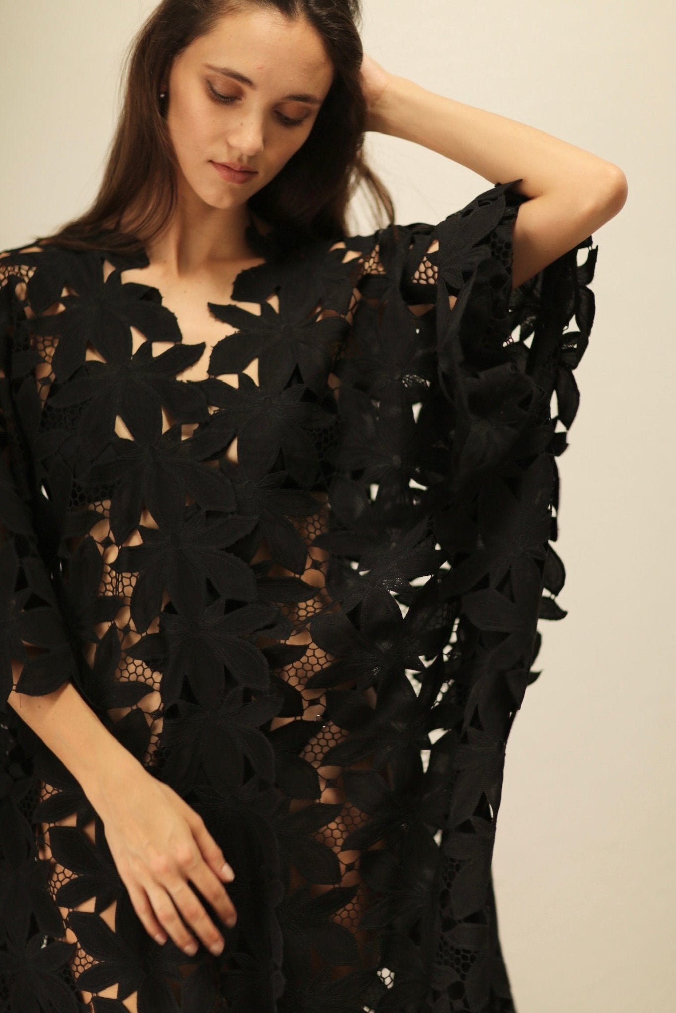 BLACK COTON LACE FLOWER KIMONO - BANGKOK TAILOR CLOTHING STORE - HANDMADE CLOTHING