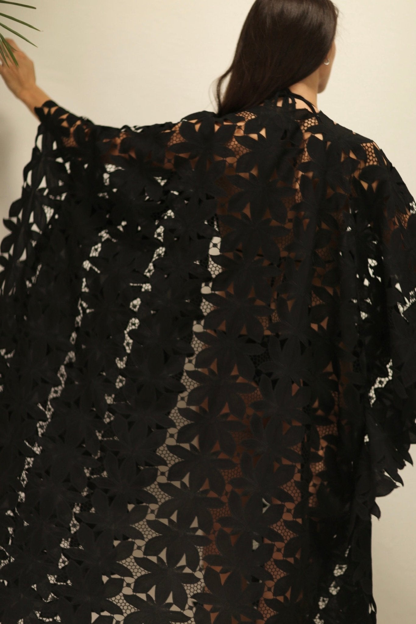 BLACK COTON LACE FLOWER KIMONO - BANGKOK TAILOR CLOTHING STORE - HANDMADE CLOTHING