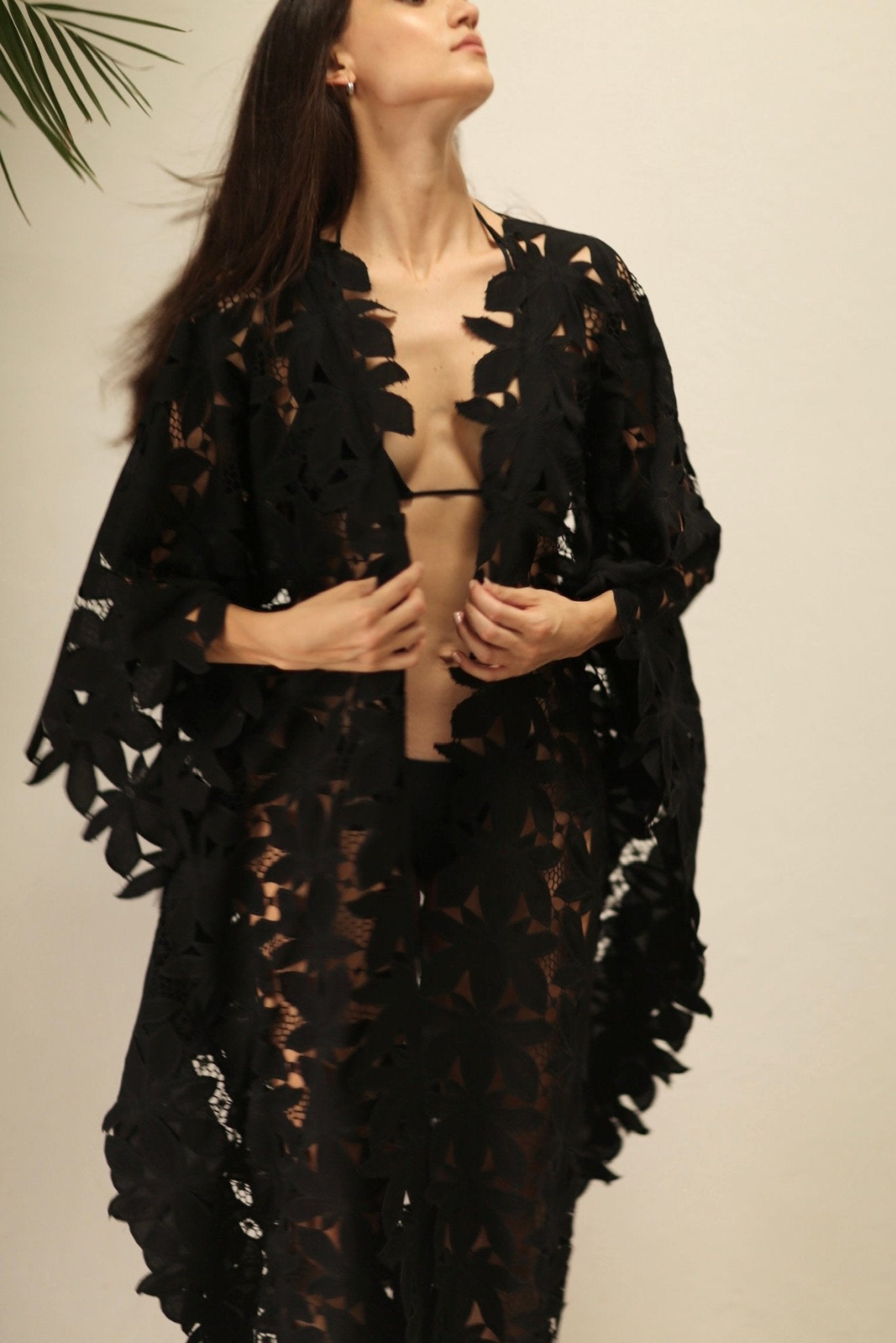 BLACK COTON LACE FLOWER KIMONO - BANGKOK TAILOR CLOTHING STORE - HANDMADE CLOTHING