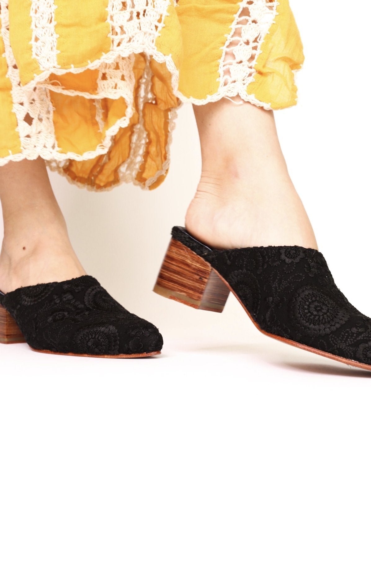 BLACK EMBROIDERED HEELED MULES X NEIMAN MARCUS - BANGKOK TAILOR CLOTHING STORE - HANDMADE CLOTHING