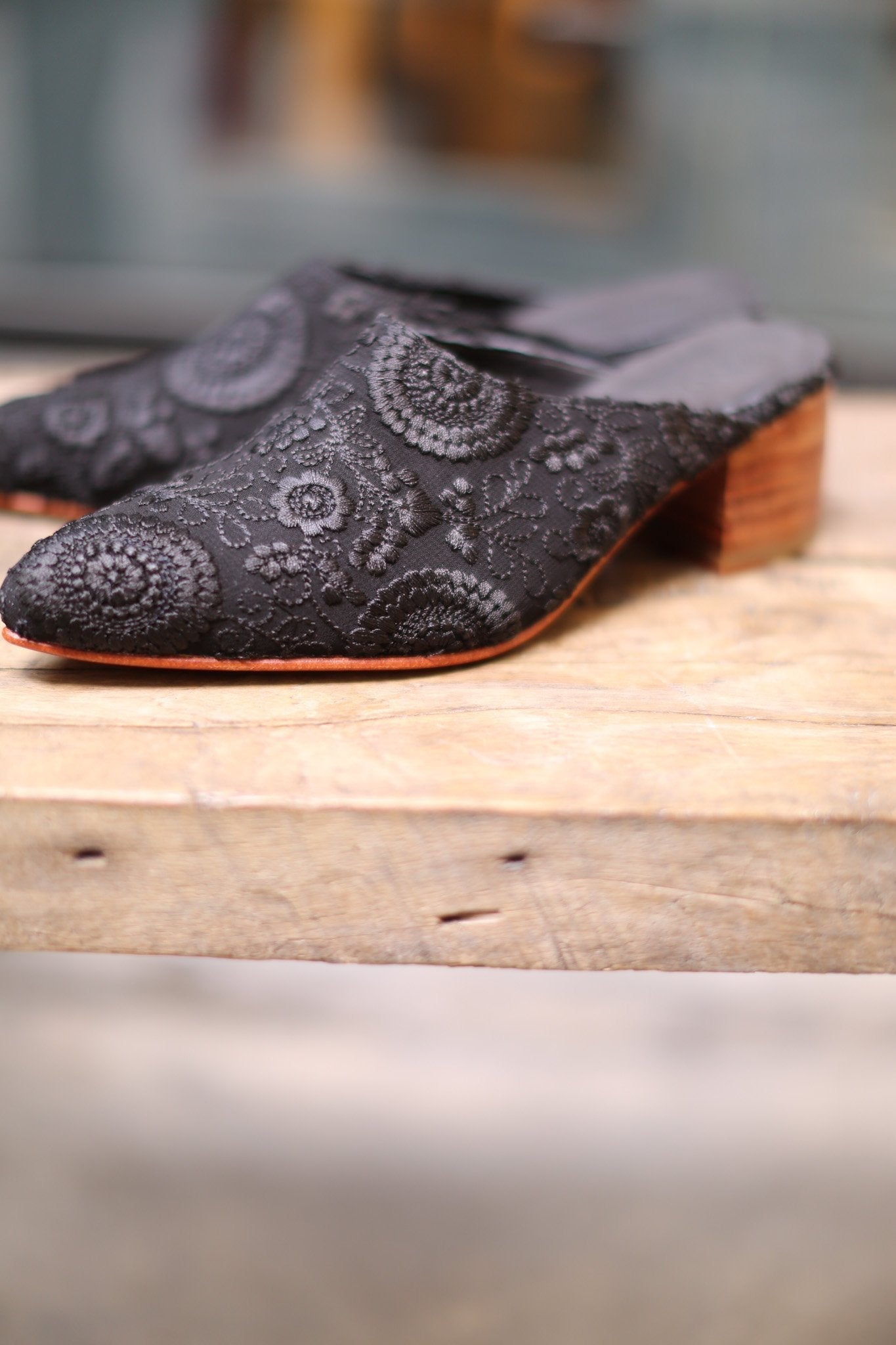 BLACK EMBROIDERED HEELED MULES X NEIMAN MARCUS - BANGKOK TAILOR CLOTHING STORE - HANDMADE CLOTHING