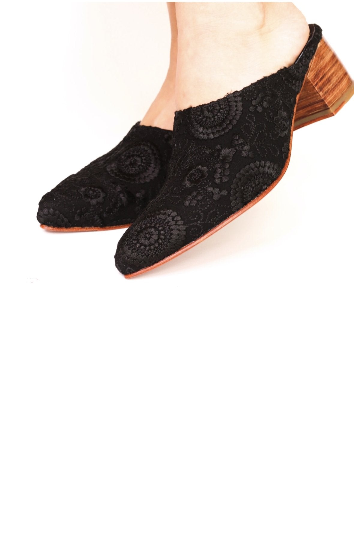 BLACK EMBROIDERED HEELED MULES X NEIMAN MARCUS - BANGKOK TAILOR CLOTHING STORE - HANDMADE CLOTHING