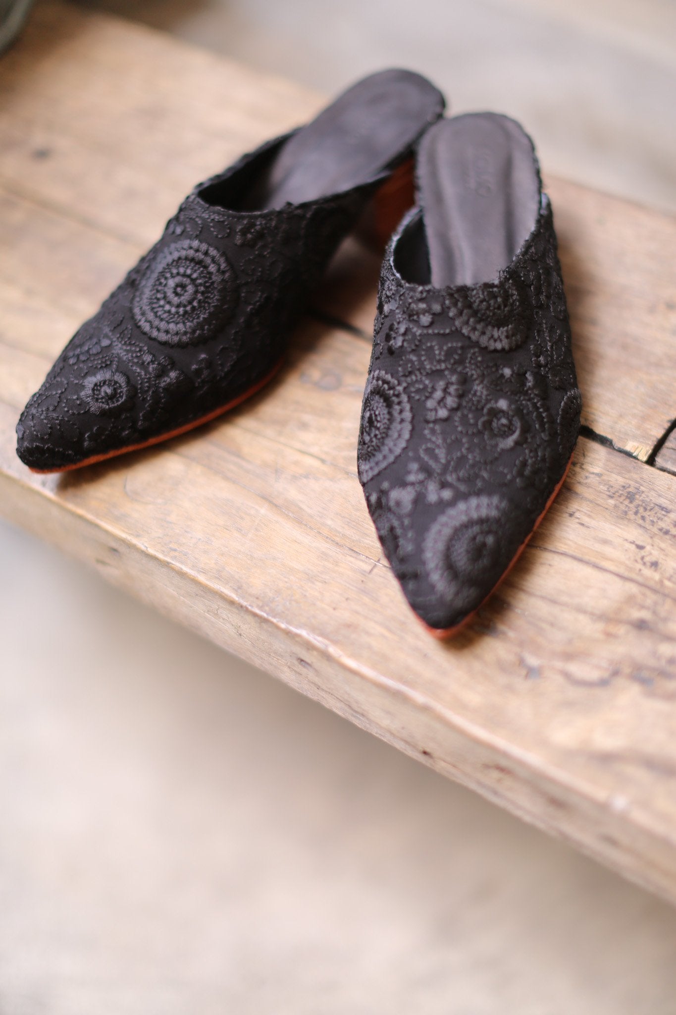 BLACK EMBROIDERED HEELED MULES X NEIMAN MARCUS - BANGKOK TAILOR CLOTHING STORE - HANDMADE CLOTHING