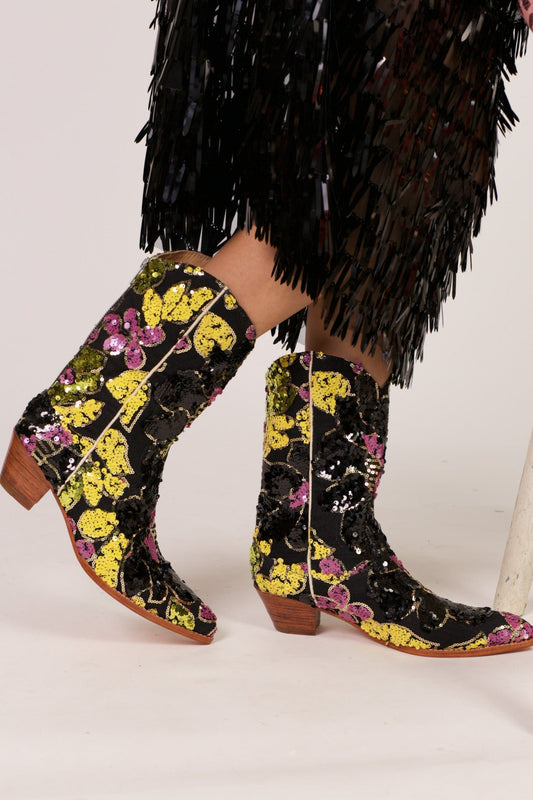 BLACK EMBROIDERED SEQUIN WESTERN BOOTS WEHRL - BANGKOK TAILOR CLOTHING STORE - HANDMADE CLOTHING