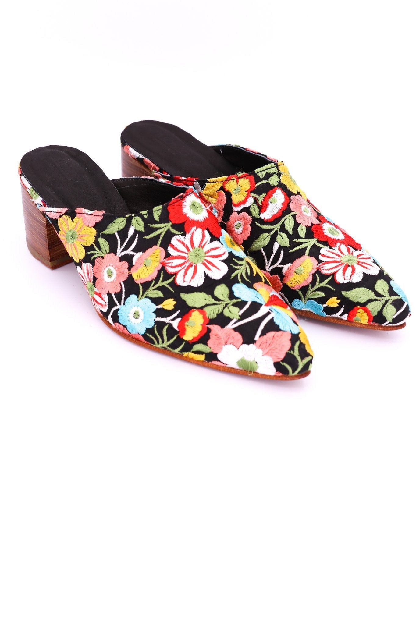 BLACK FLOWER EMBROIDERED HEELED MULES - BANGKOK TAILOR CLOTHING STORE - HANDMADE CLOTHING