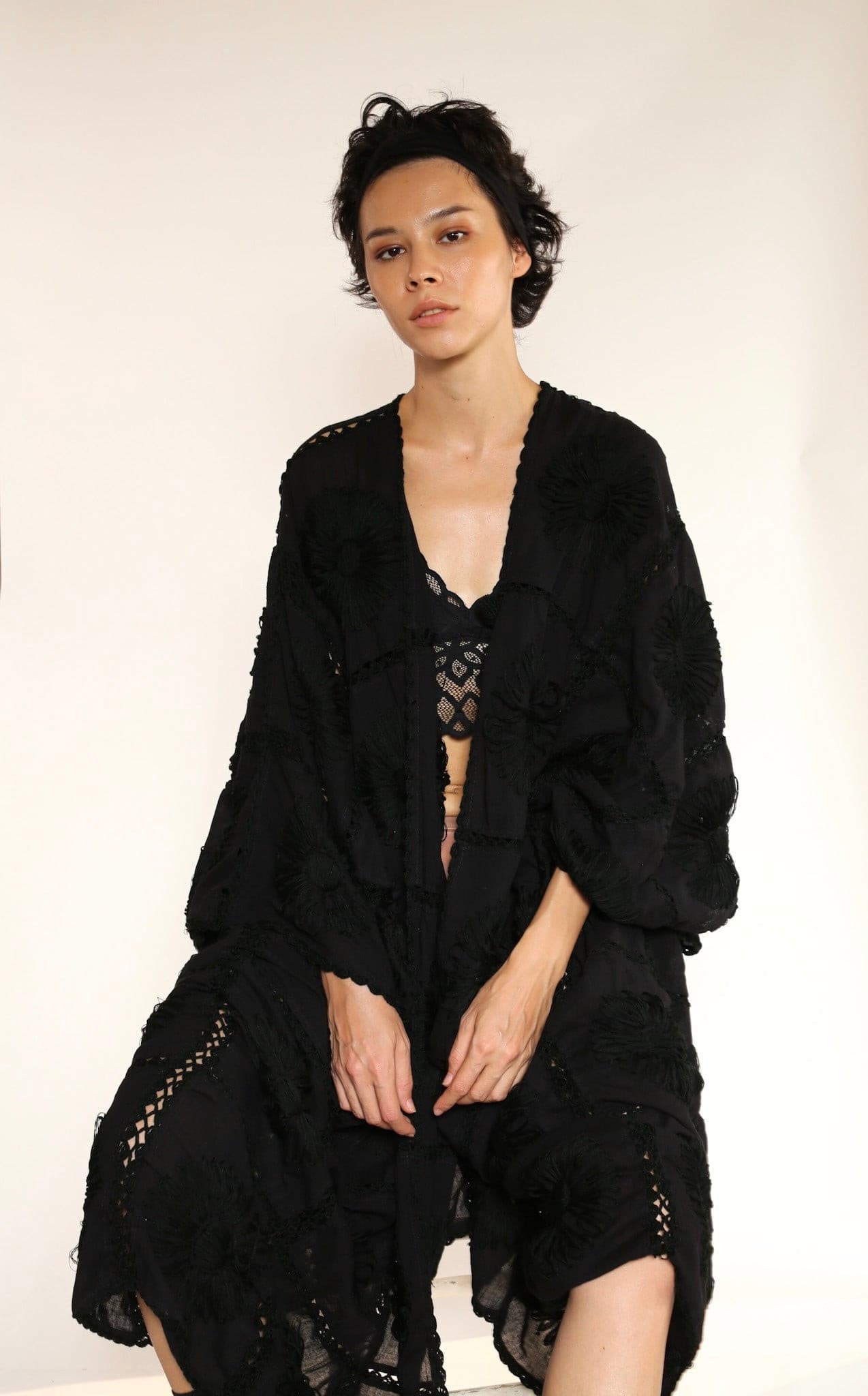 BLACK KIMONO EMBROIDERED FLORA CROCHET - BANGKOK TAILOR CLOTHING STORE - HANDMADE CLOTHING