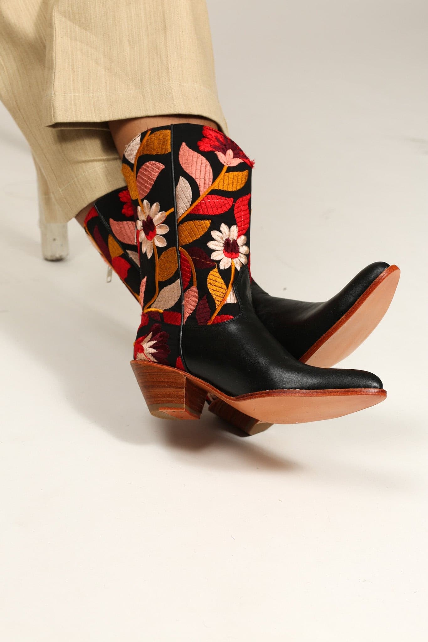 BLACK LEATHER BLACK EMBROIDERED WESTERN BOOTS X ANTHROPOLOGIE - BANGKOK TAILOR CLOTHING STORE - HANDMADE CLOTHING