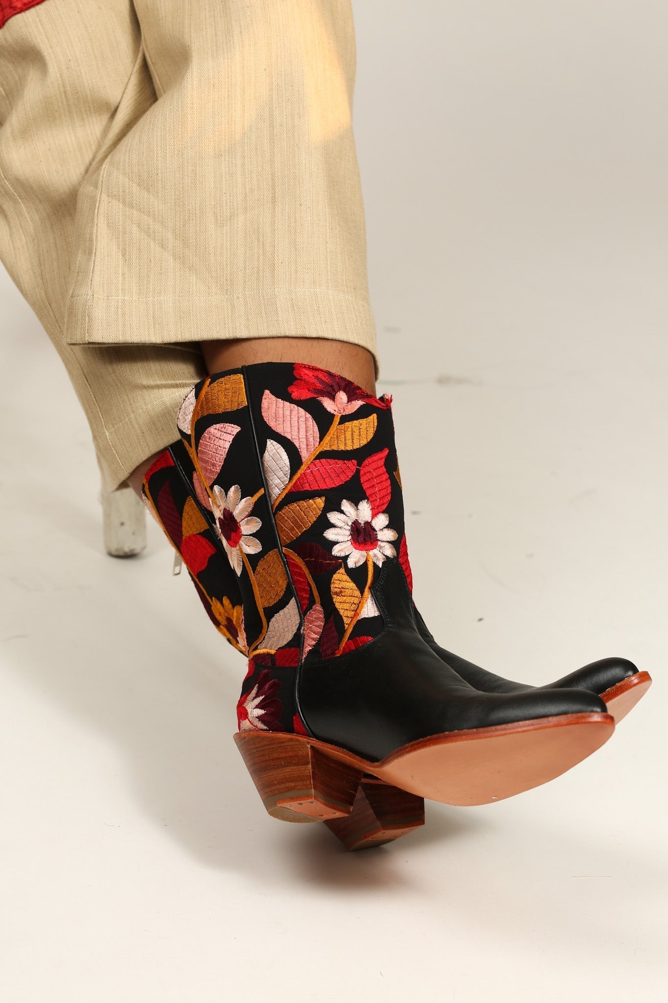 BLACK LEATHER BLACK EMBROIDERED WESTERN BOOTS X ANTHROPOLOGIE - BANGKOK TAILOR CLOTHING STORE - HANDMADE CLOTHING